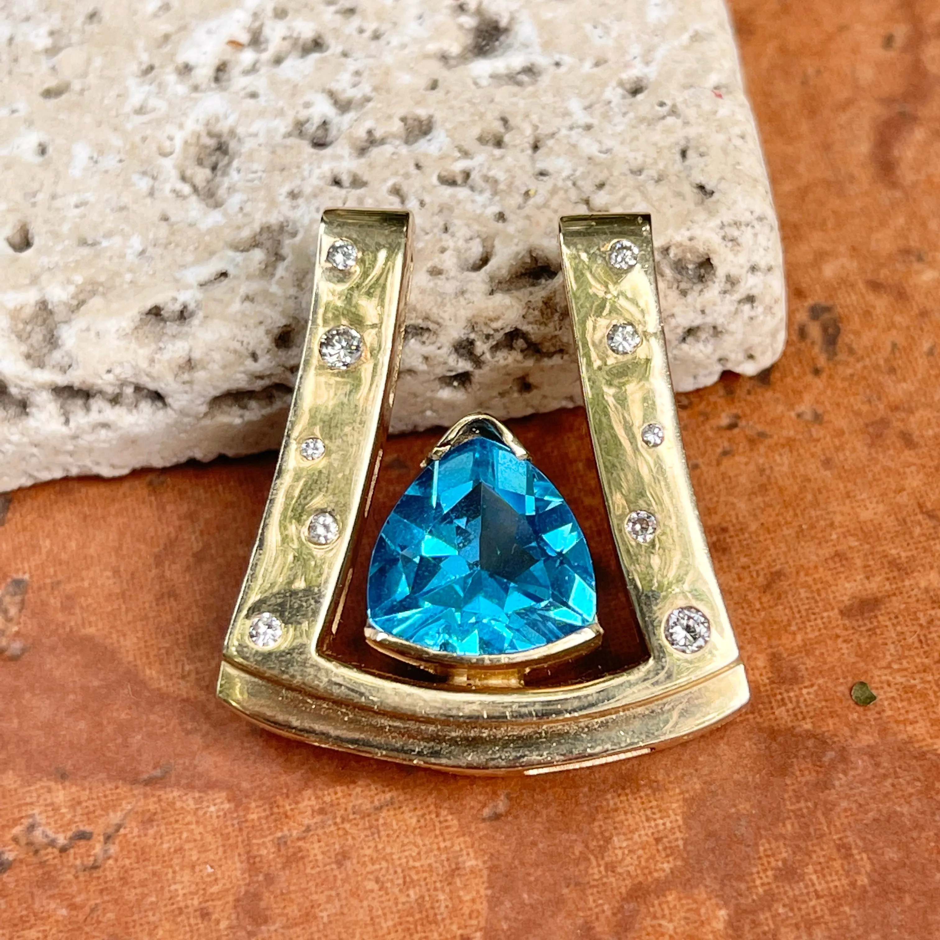 14KT Yellow Gold Gypsy Diamond   Swiss Blue Topaz Omega Slide Pendant