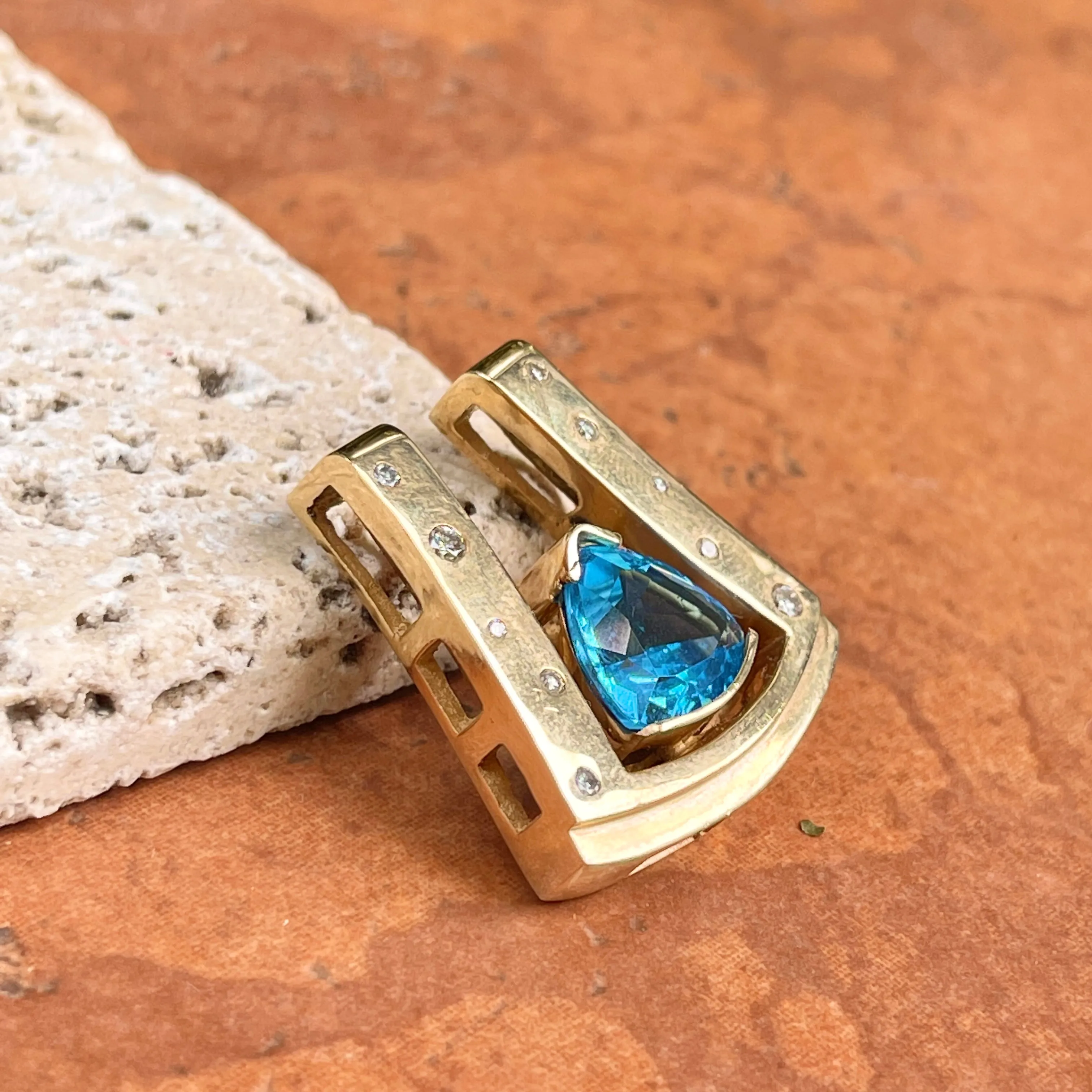 14KT Yellow Gold Gypsy Diamond   Swiss Blue Topaz Omega Slide Pendant