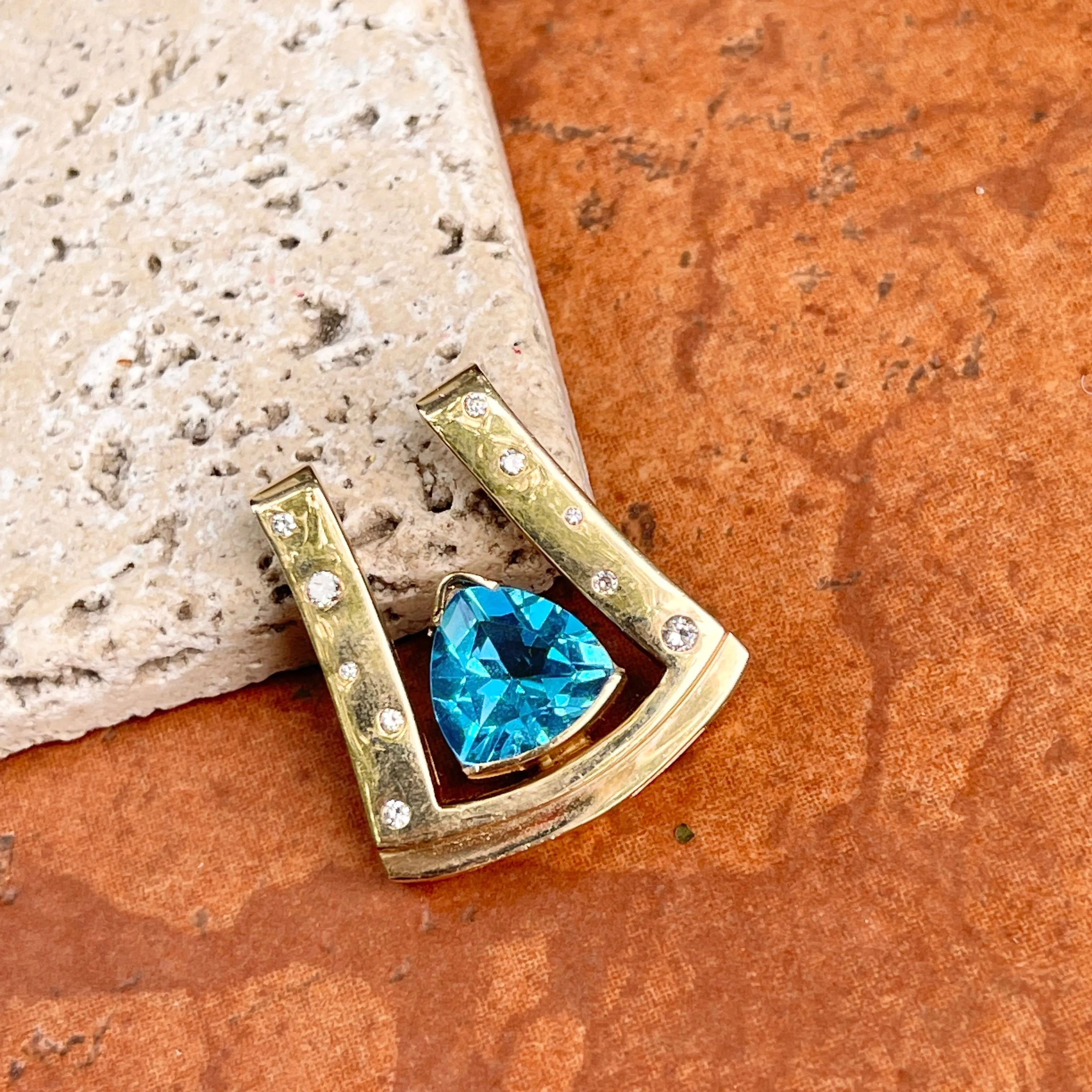 14KT Yellow Gold Gypsy Diamond   Swiss Blue Topaz Omega Slide Pendant