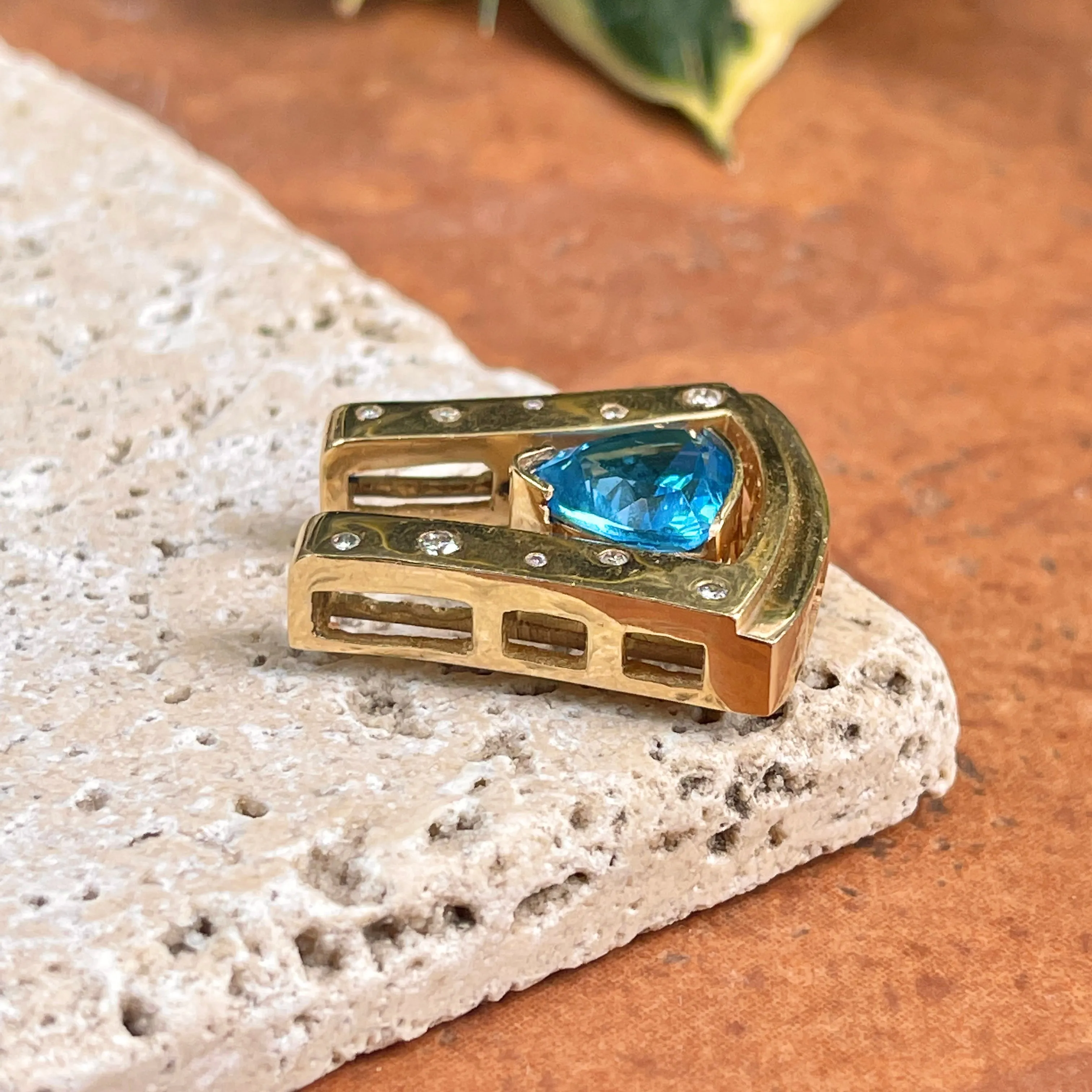 14KT Yellow Gold Gypsy Diamond   Swiss Blue Topaz Omega Slide Pendant