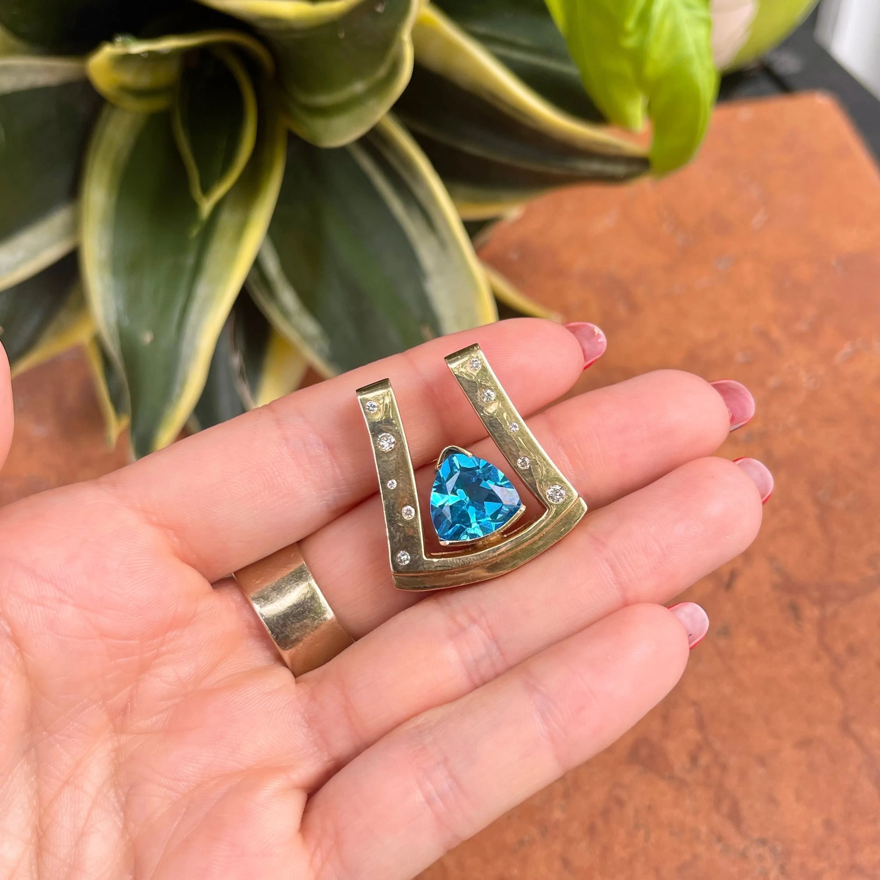 14KT Yellow Gold Gypsy Diamond   Swiss Blue Topaz Omega Slide Pendant