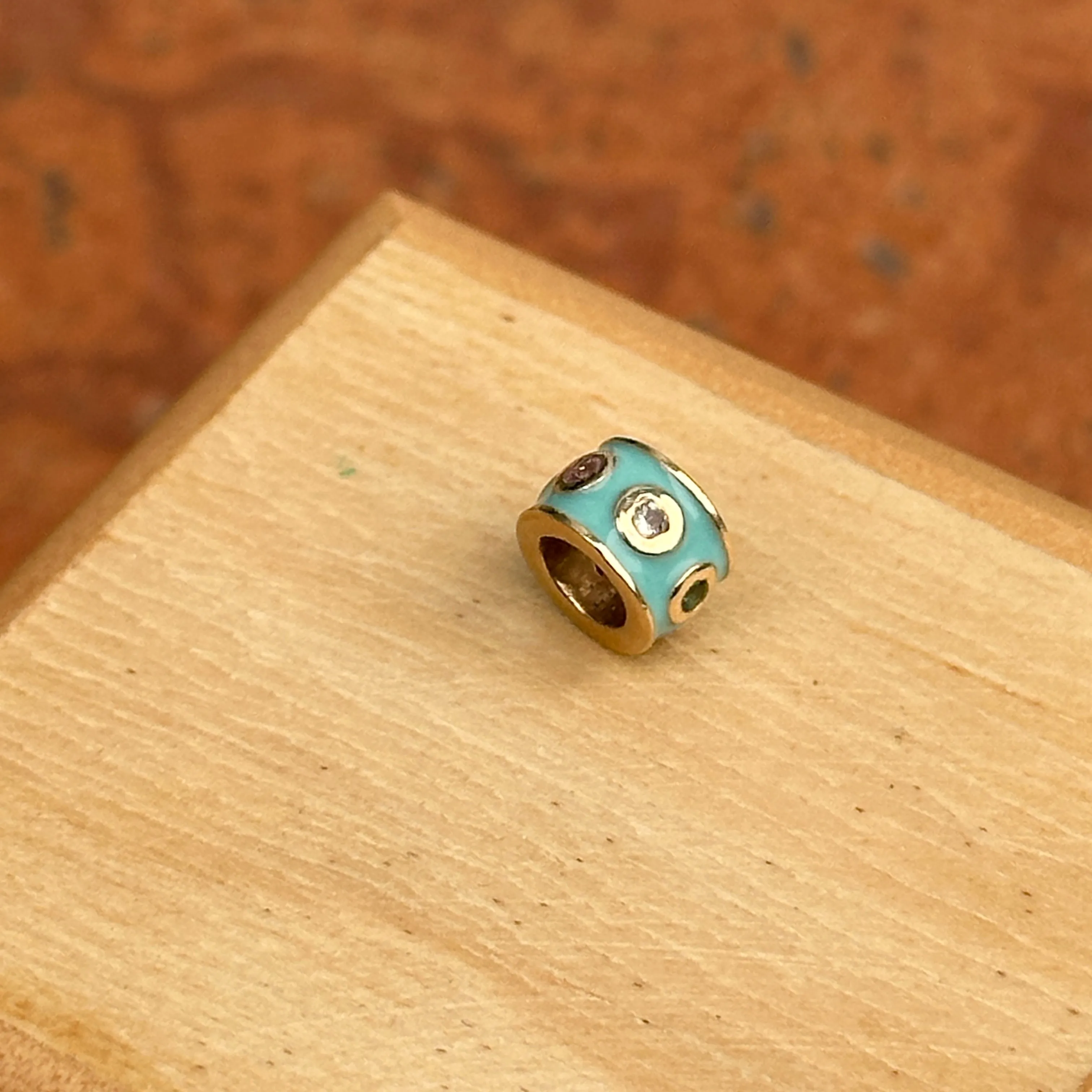 14KT Yellow Gold Turquoise Enamel Multi-Colored Sapphire Roundel Pendant Slide