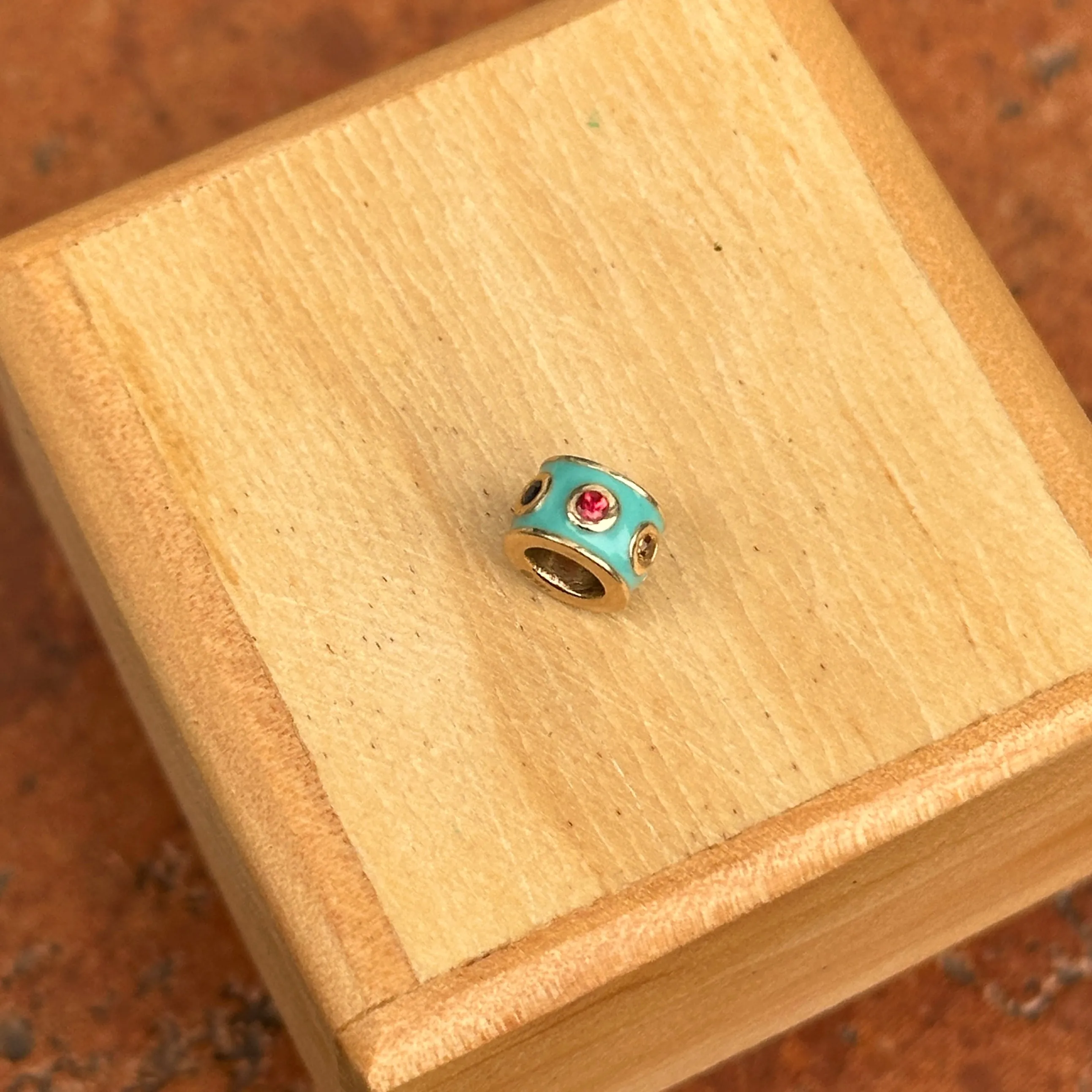 14KT Yellow Gold Turquoise Enamel Multi-Colored Sapphire Roundel Pendant Slide