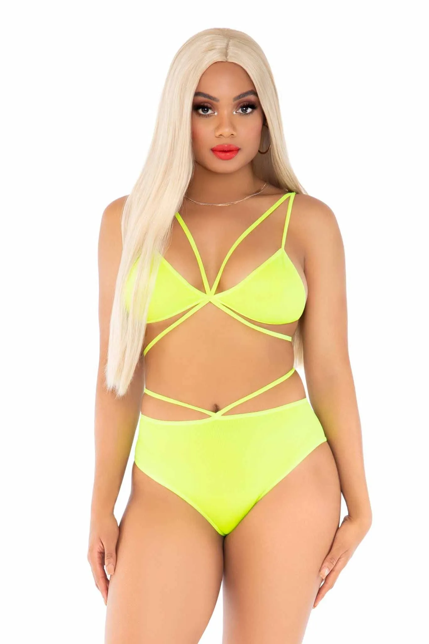 2 Piece Opaque Cage Strap Bra Top And Strappy Brazilian Briefs