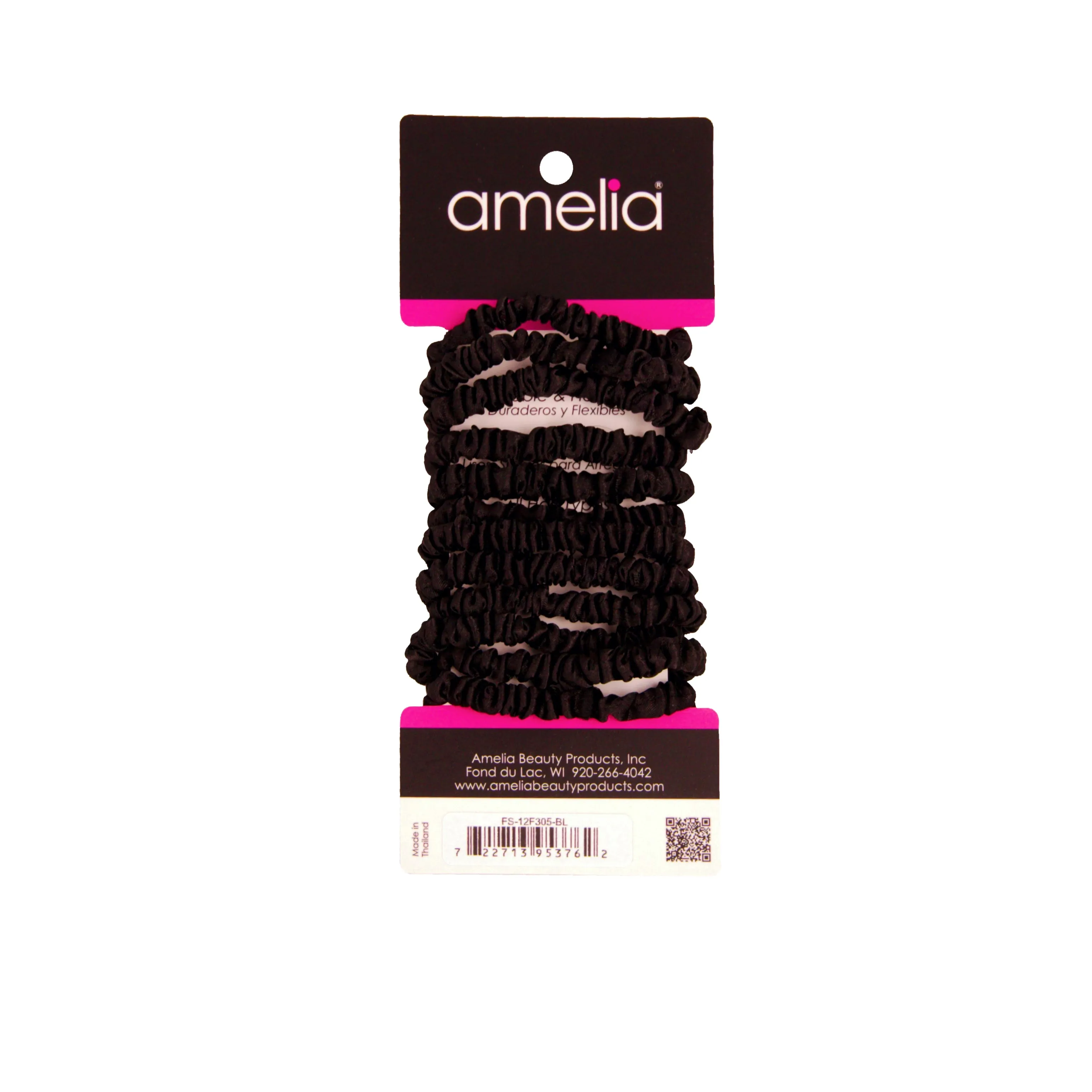 Amelia Beauty, Black Skinny Satin Scrunchies, 2in Diameter, Gentle and Strong Hold, No Snag, No Dents or Creases. 12 Pack