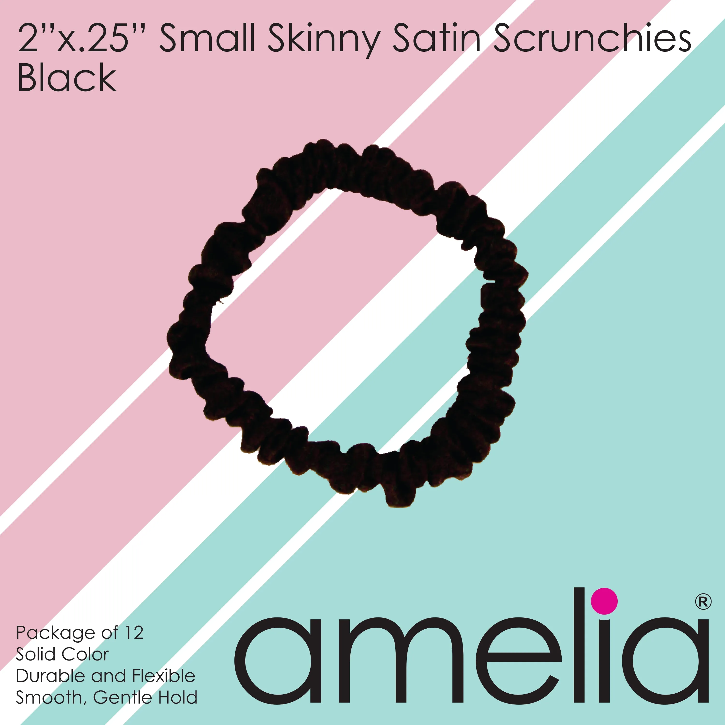 Amelia Beauty, Black Skinny Satin Scrunchies, 2in Diameter, Gentle and Strong Hold, No Snag, No Dents or Creases. 12 Pack