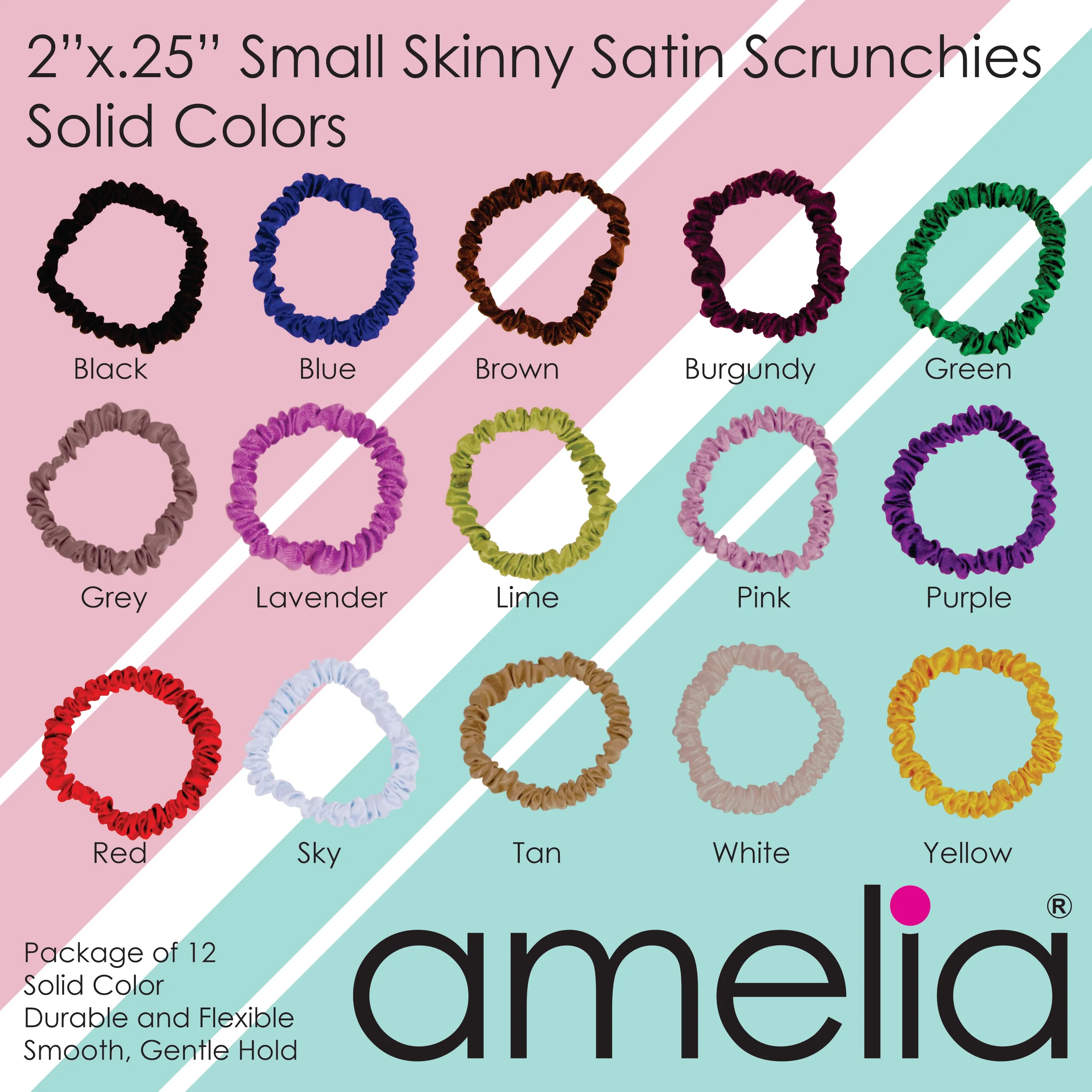Amelia Beauty, Black Skinny Satin Scrunchies, 2in Diameter, Gentle and Strong Hold, No Snag, No Dents or Creases. 12 Pack