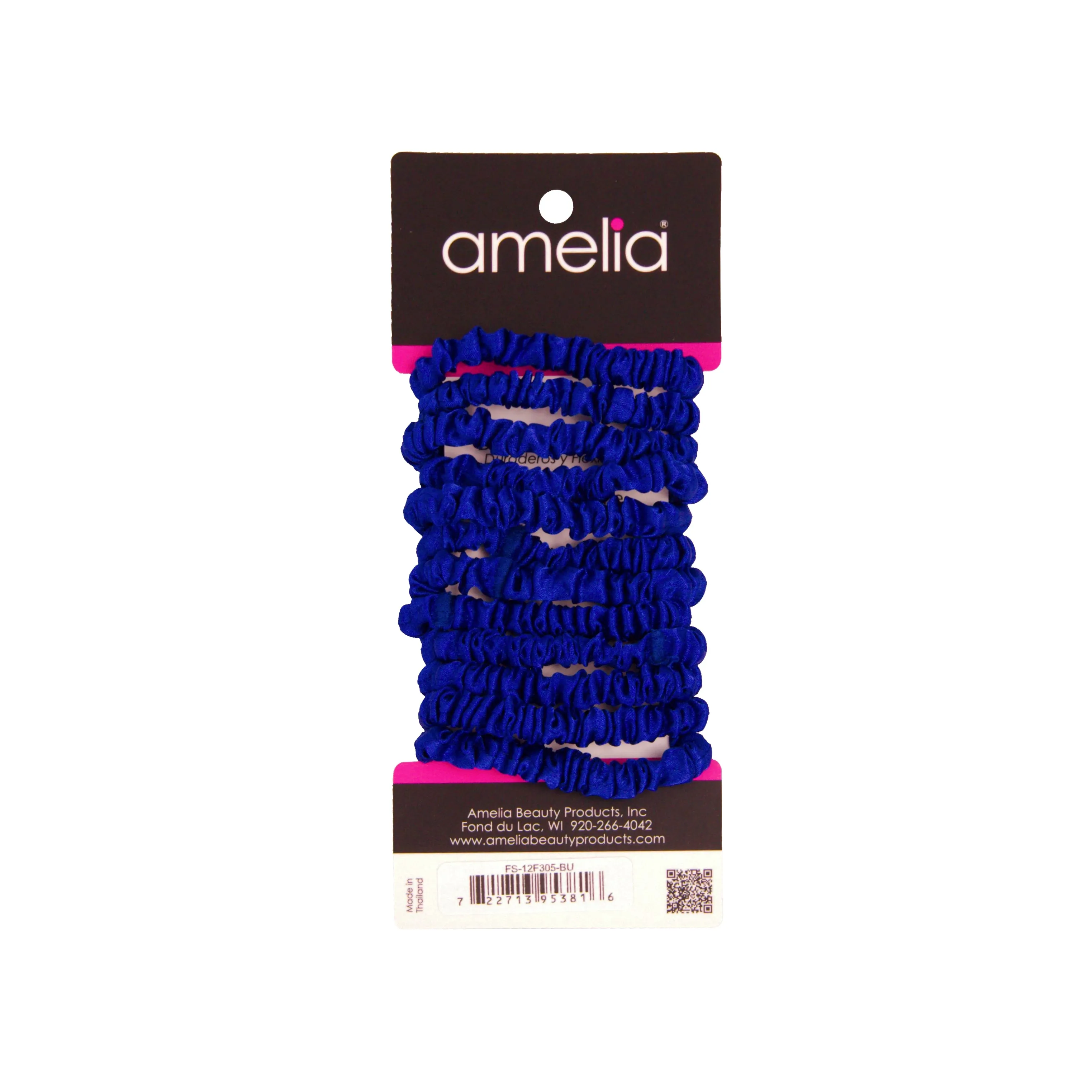 Amelia Beauty, Blue Skinny Satin Scrunchies, 2in Diameter, Gentle and Strong Hold, No Snag, No Dents or Creases. 12 Pack