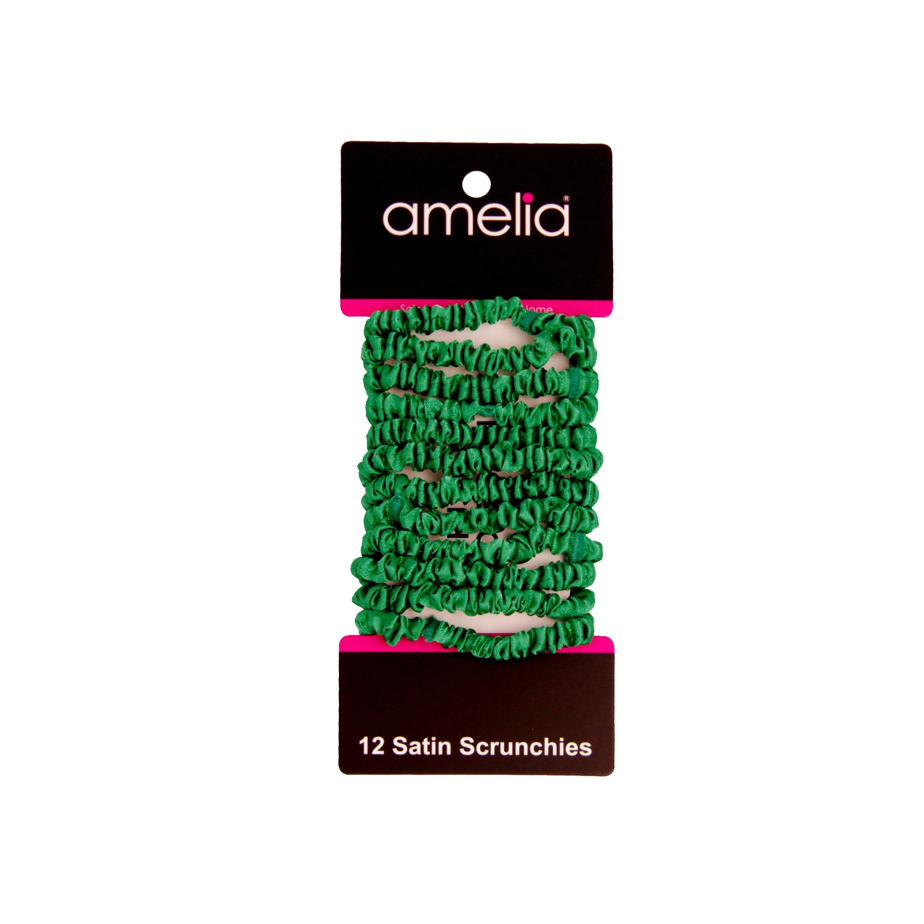 Amelia Beauty, Green Skinny Satin Scrunchies, 2in Diameter, Gentle and Strong Hold, No Snag, No Dents or Creases. 12 Pack