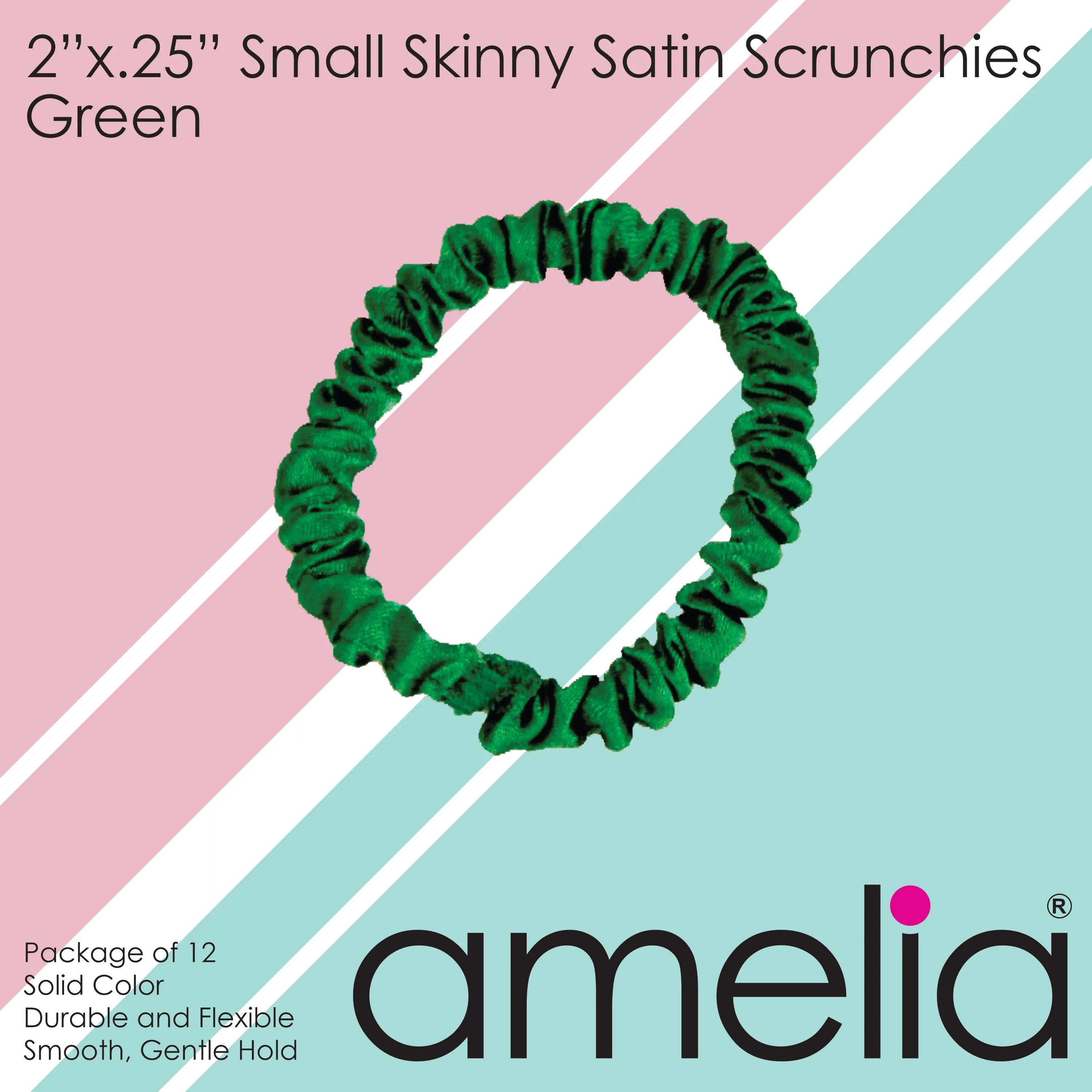 Amelia Beauty, Green Skinny Satin Scrunchies, 2in Diameter, Gentle and Strong Hold, No Snag, No Dents or Creases. 12 Pack