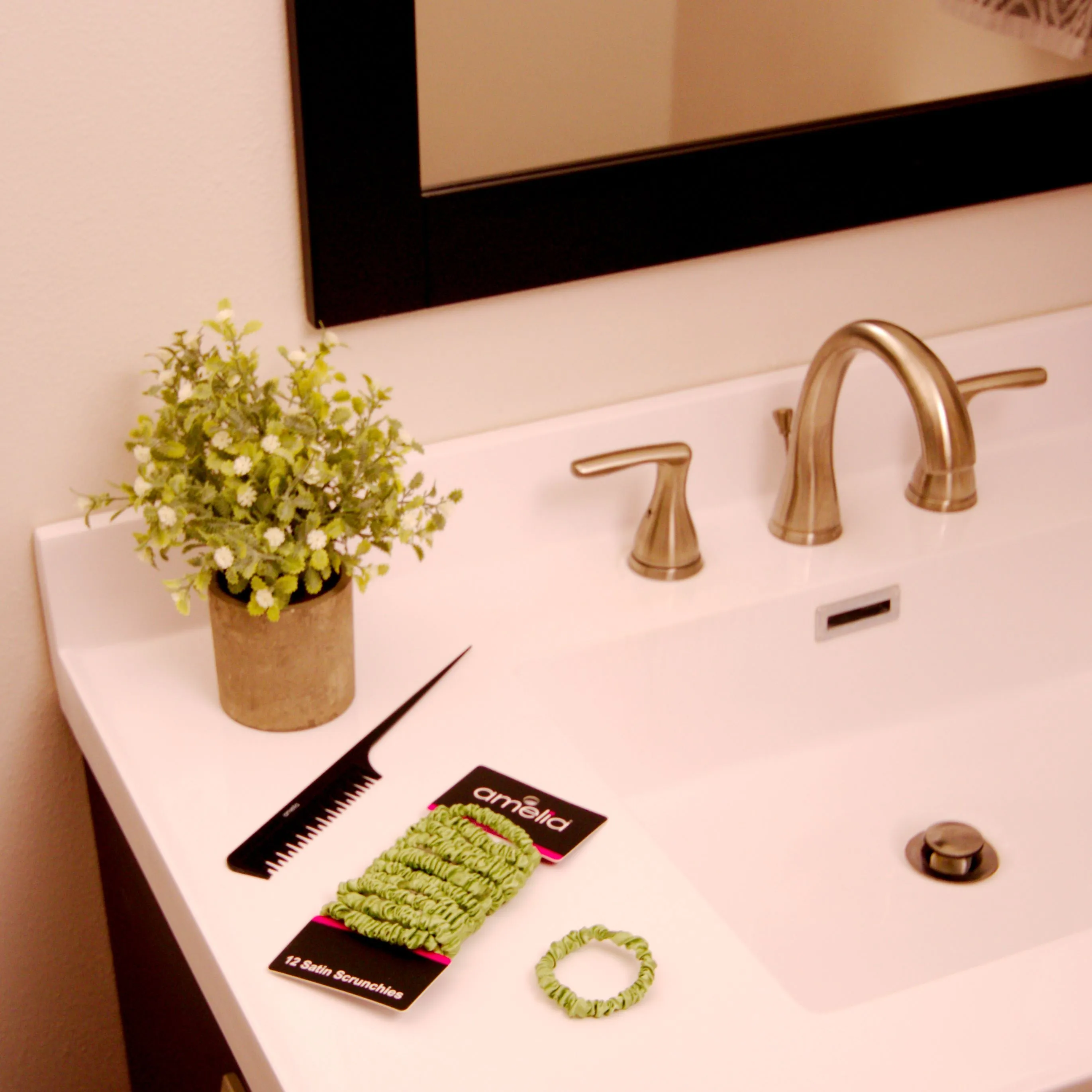 Amelia Beauty, Lime Skinny Satin Scrunchies, 2in Diameter, Gentle and Strong Hold, No Snag, No Dents or Creases. 12 Pack