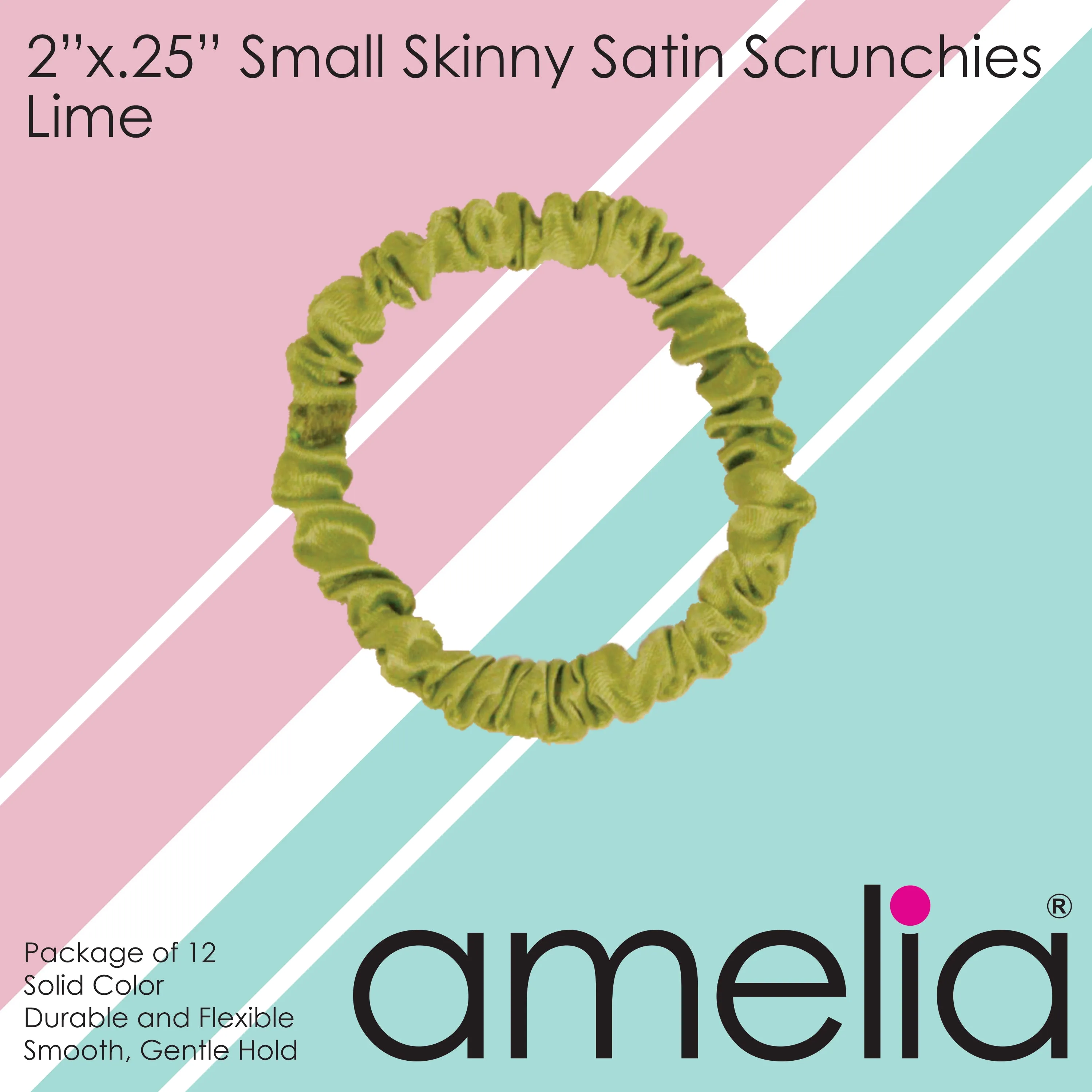 Amelia Beauty, Lime Skinny Satin Scrunchies, 2in Diameter, Gentle and Strong Hold, No Snag, No Dents or Creases. 12 Pack