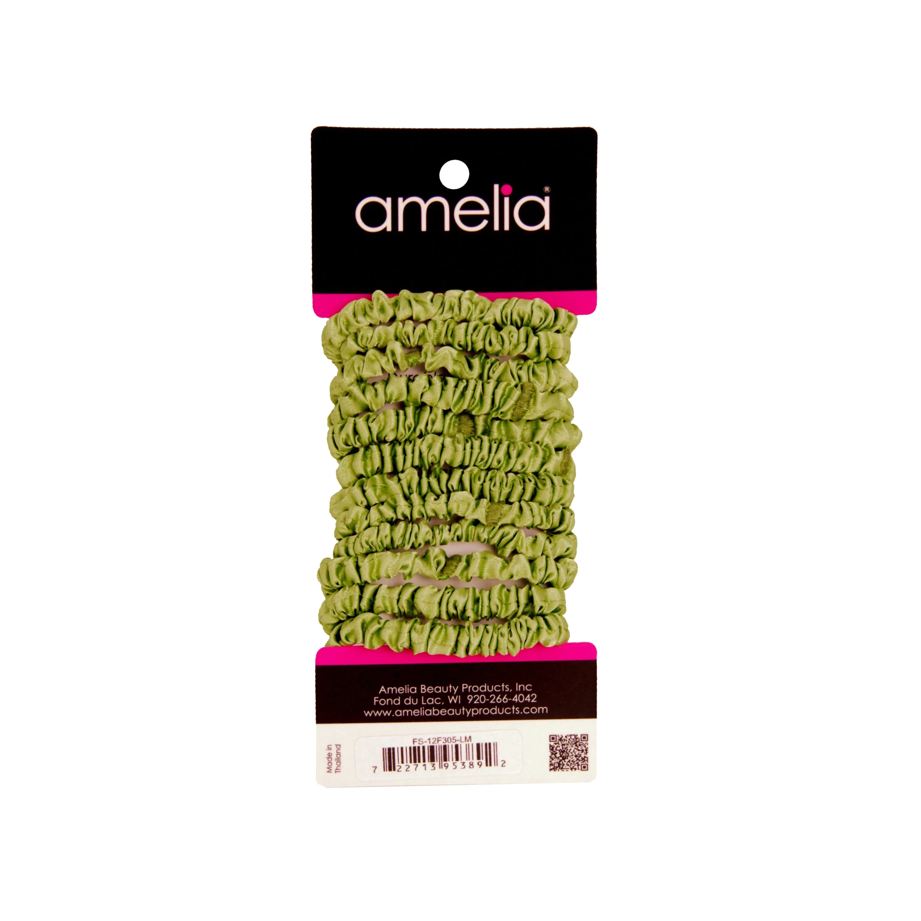 Amelia Beauty, Lime Skinny Satin Scrunchies, 2in Diameter, Gentle and Strong Hold, No Snag, No Dents or Creases. 12 Pack