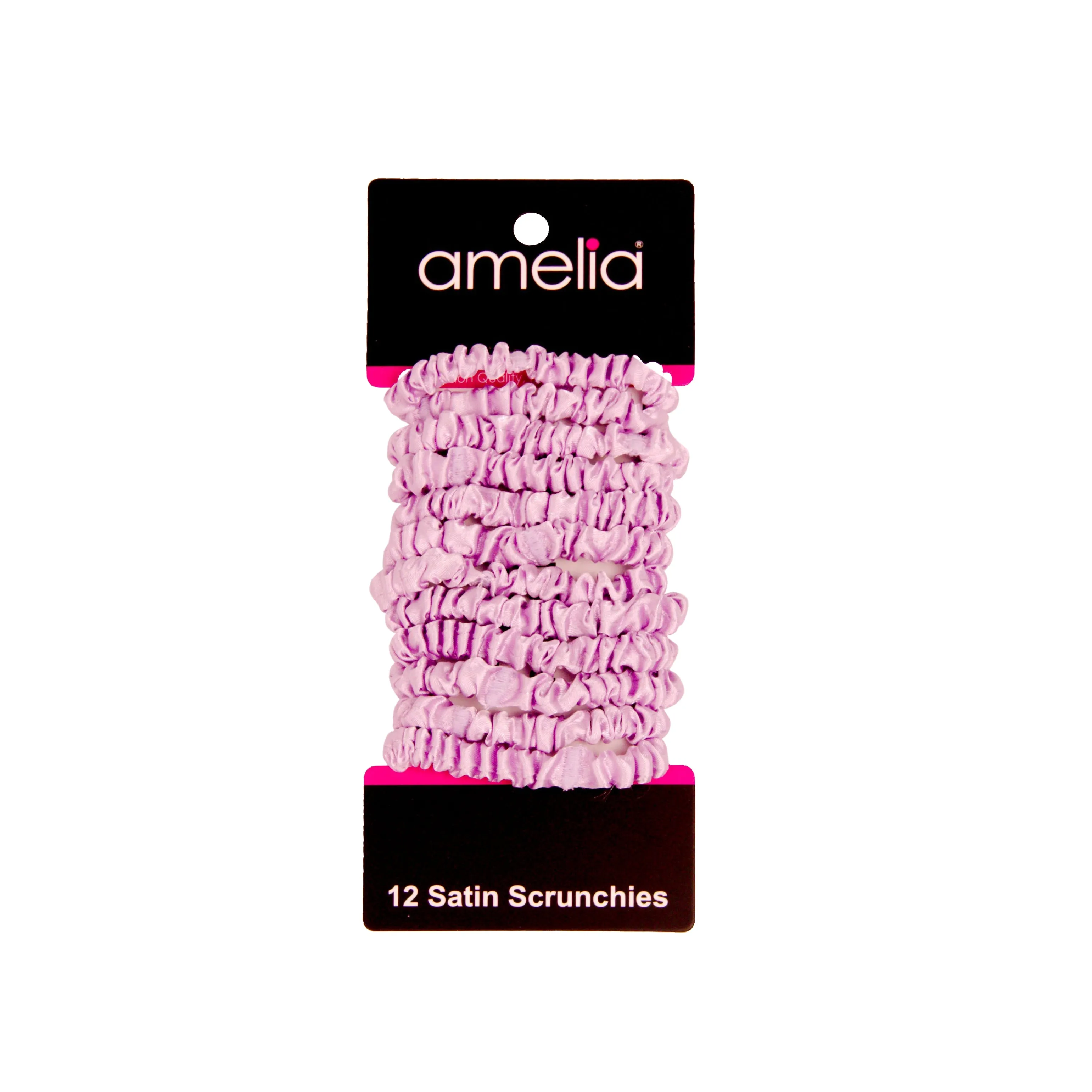 Amelia Beauty, Pink Skinny Satin Scrunchies, 2in Diameter, Gentle and Strong Hold, No Snag, No Dents or Creases. 12 Pack