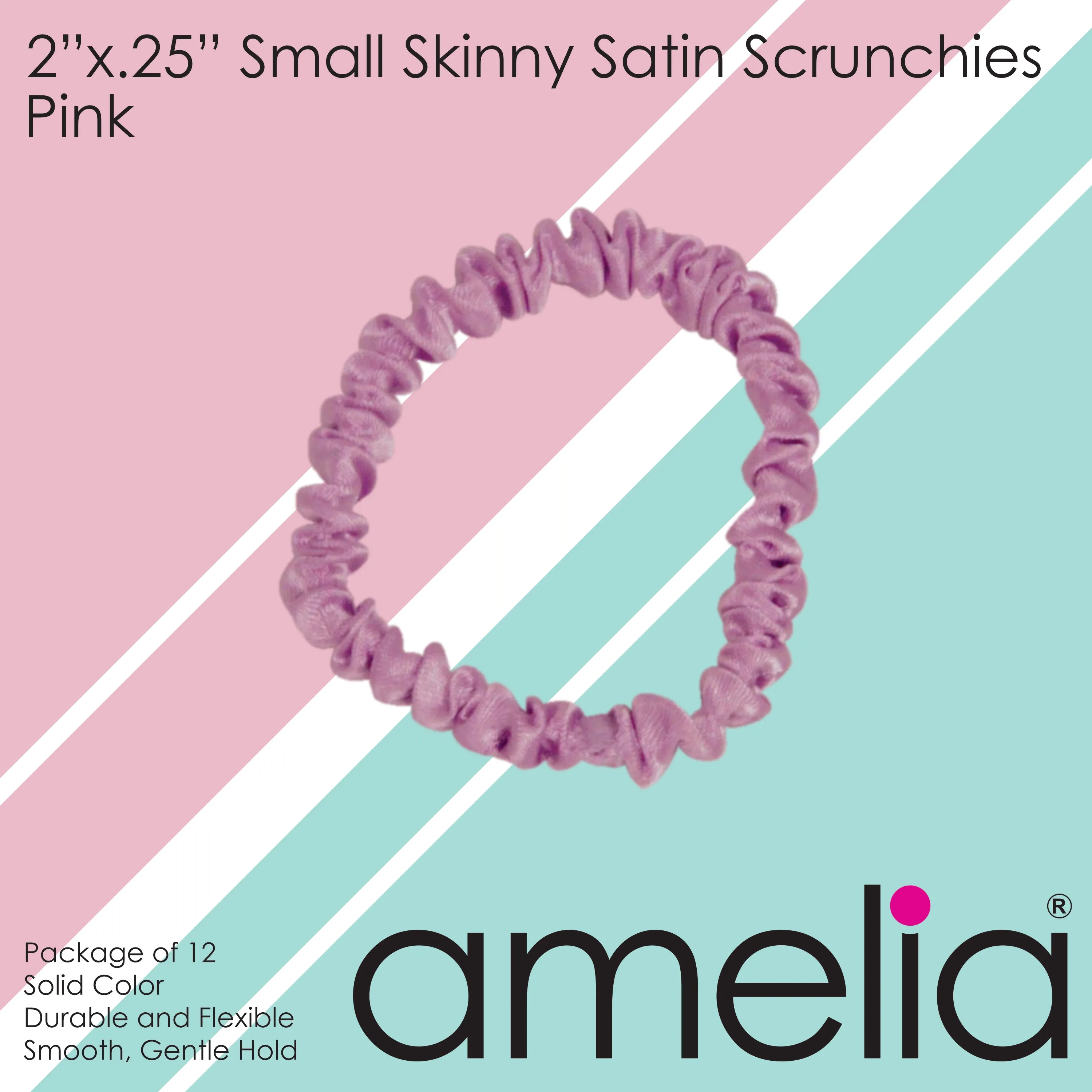 Amelia Beauty, Pink Skinny Satin Scrunchies, 2in Diameter, Gentle and Strong Hold, No Snag, No Dents or Creases. 12 Pack