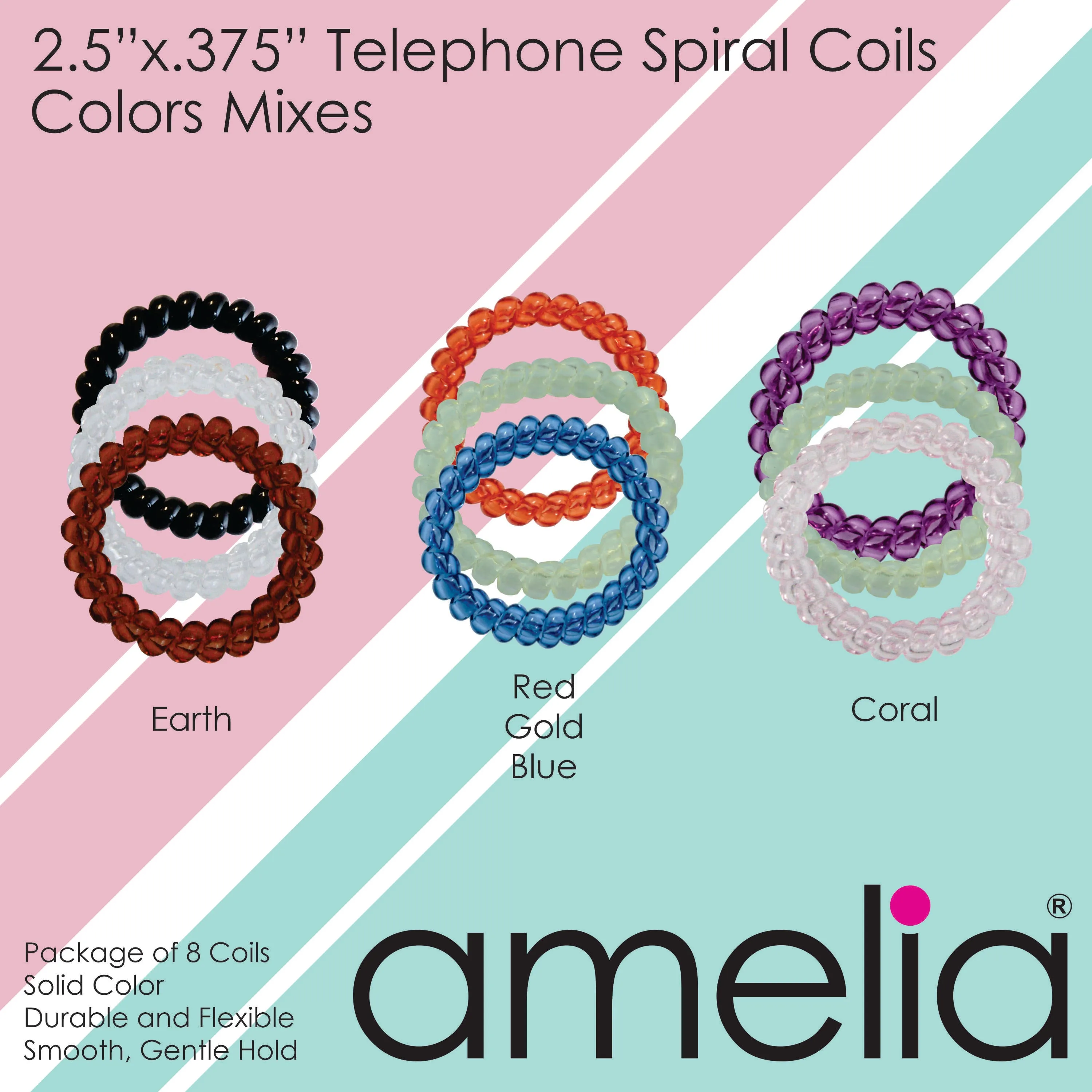 Amelia Beauty Products 8 Large Smooth Elastic Hair Coils, 2. 5in Diameter Thick Spiral Hair Ties, Gentle on Hair, Strong Hold and Minimizes Dents and Creases, Clear