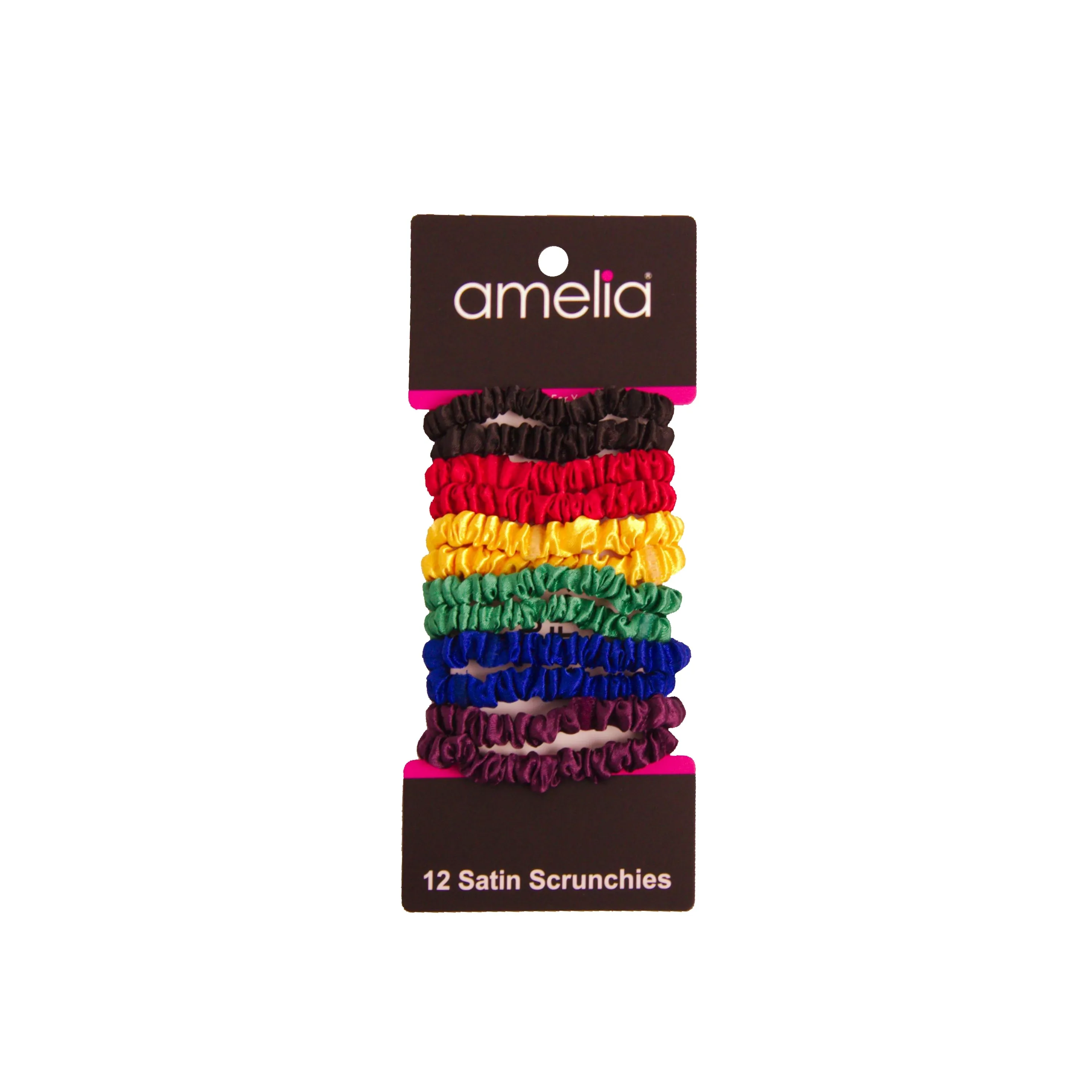 Amelia Beauty, Rainbow Colors Skinny Satin Scrunchies, 2in Diameter, Gentle and Strong Hold, No Snag, No Dents or Creases. 12 Pack