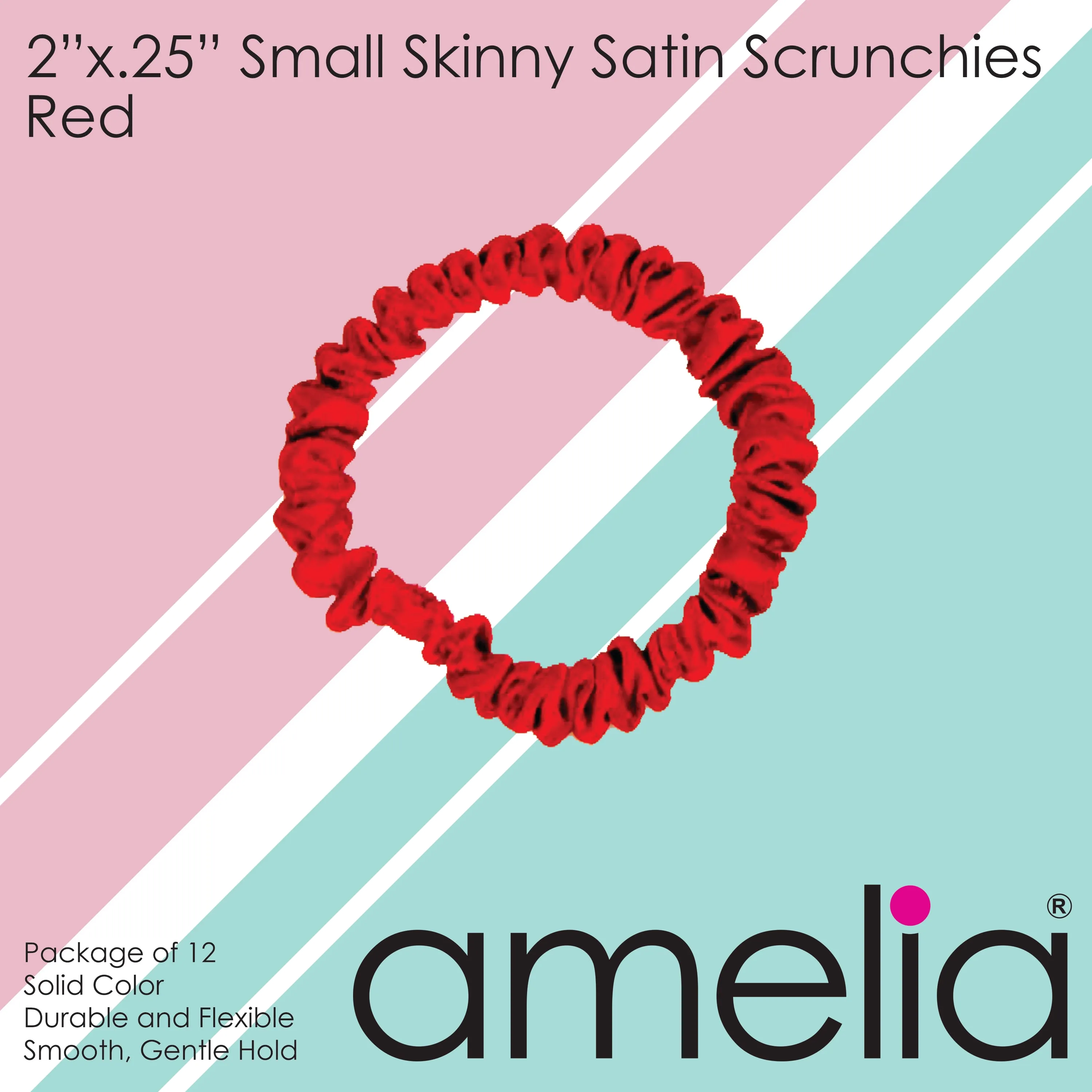 Amelia Beauty, Red Skinny Satin Scrunchies, 2in Diameter, Gentle and Strong Hold, No Snag, No Dents or Creases. 12 Pack