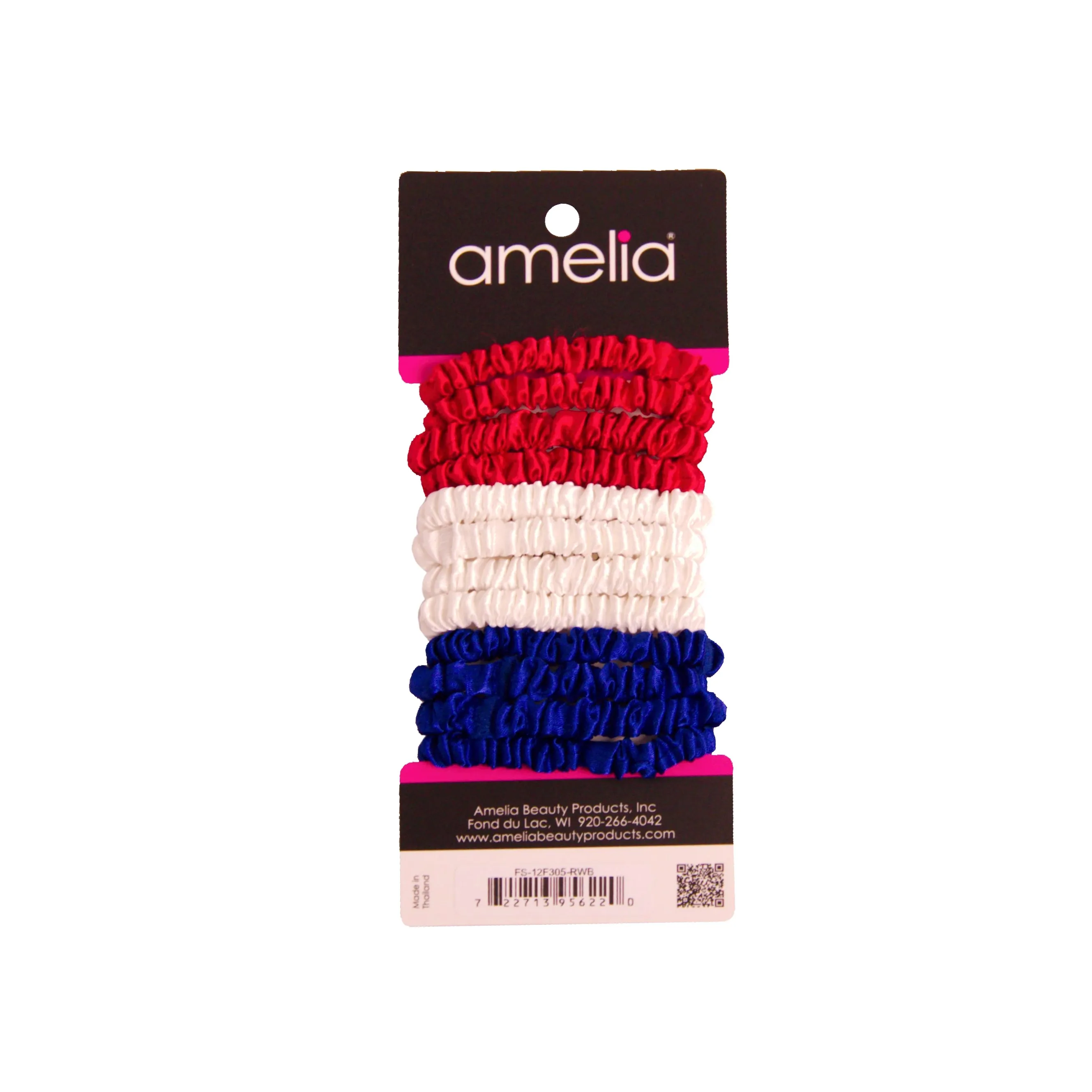 Amelia Beauty, Red, White and Blue Mix Skinny Satin Scrunchies, 2in Diameter, Gentle and Strong Hold, No Snag, No Dents or Creases. 12 Pack