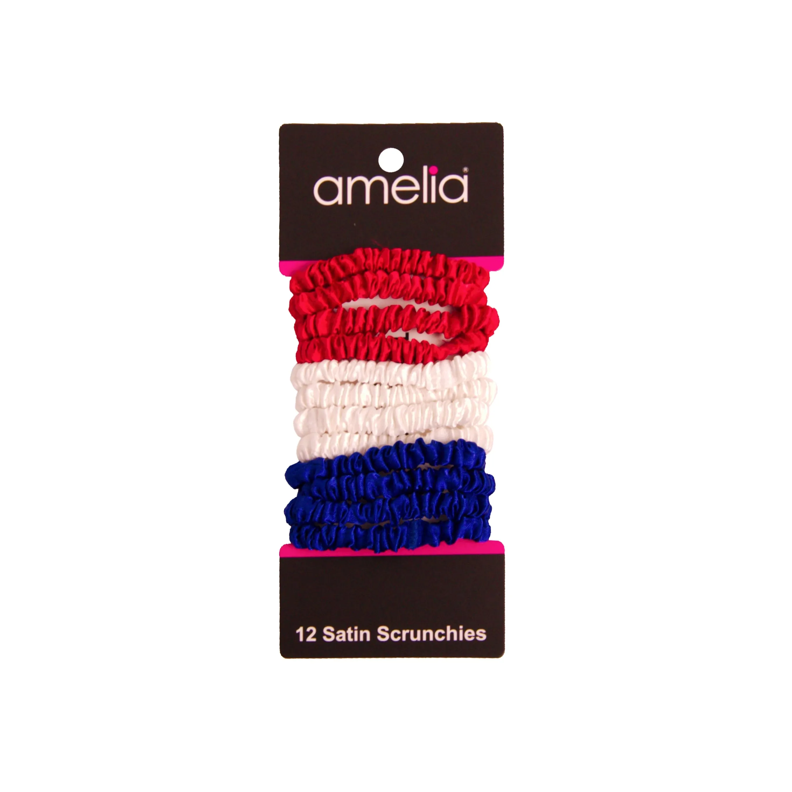 Amelia Beauty, Red, White and Blue Mix Skinny Satin Scrunchies, 2in Diameter, Gentle and Strong Hold, No Snag, No Dents or Creases. 12 Pack