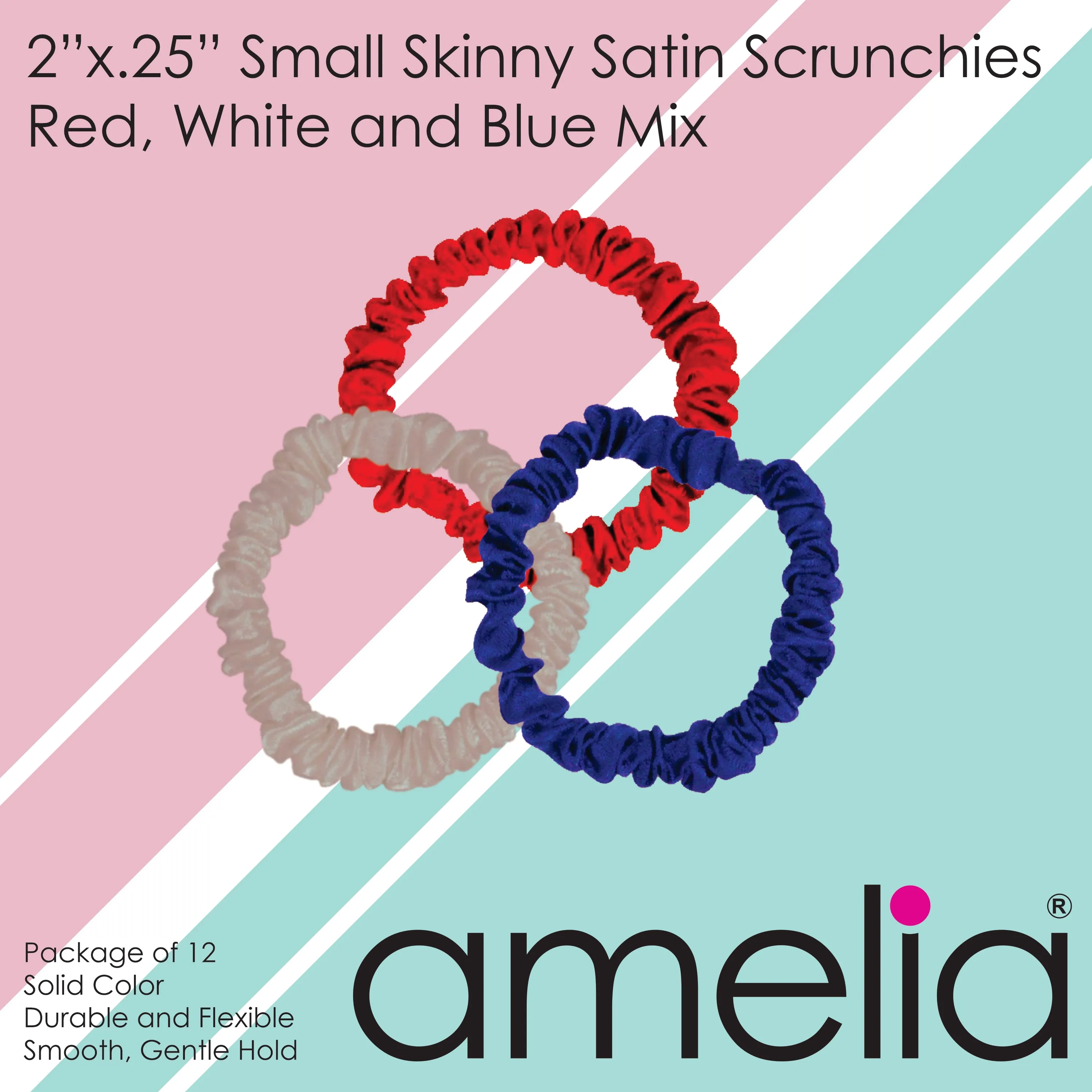 Amelia Beauty, Red, White and Blue Mix Skinny Satin Scrunchies, 2in Diameter, Gentle and Strong Hold, No Snag, No Dents or Creases. 12 Pack