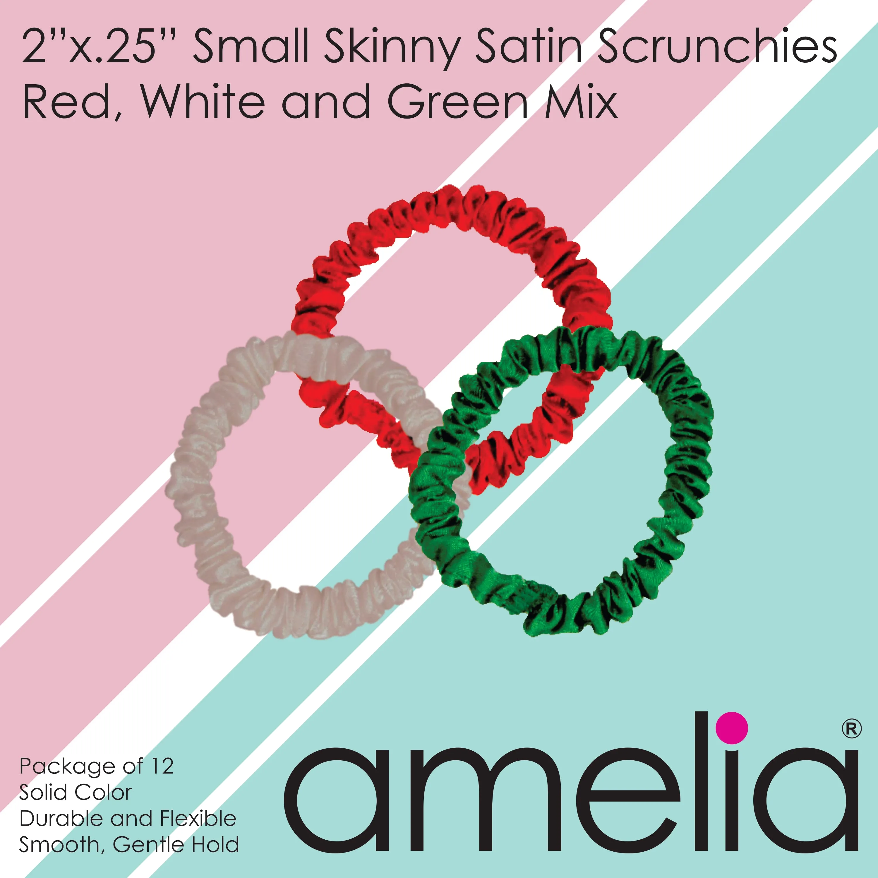 Amelia Beauty, Red, White and Green Mix Skinny Satin Scrunchies, 2in Diameter, Gentle and Strong Hold, No Snag, No Dents or Creases. 12 Pack