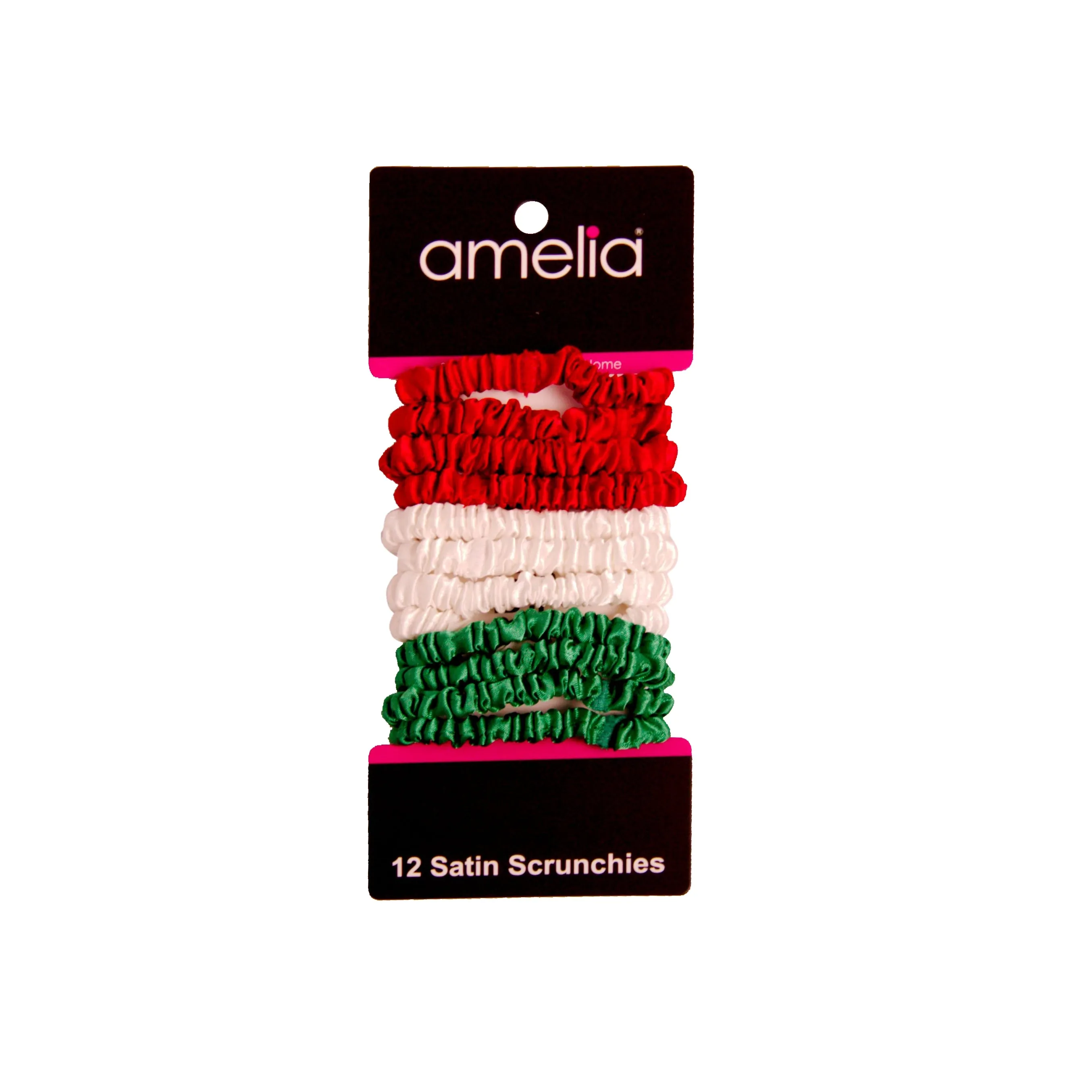 Amelia Beauty, Red, White and Green Mix Skinny Satin Scrunchies, 2in Diameter, Gentle and Strong Hold, No Snag, No Dents or Creases. 12 Pack