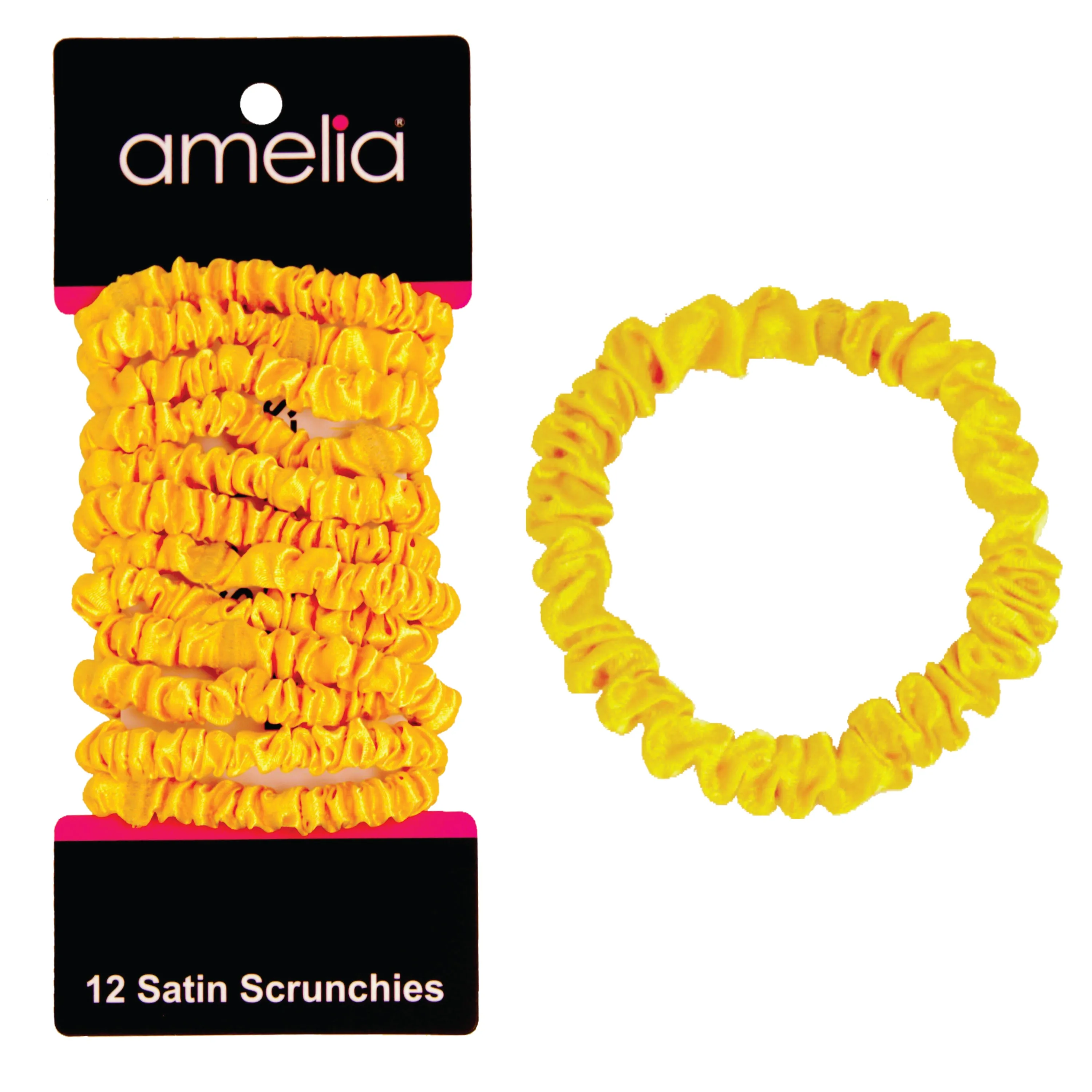 Amelia Beauty, Yellow Skinny Satin Scrunchies, 2in Diameter, Gentle and Strong Hold, No Snag, No Dents or Creases. 12 Pack