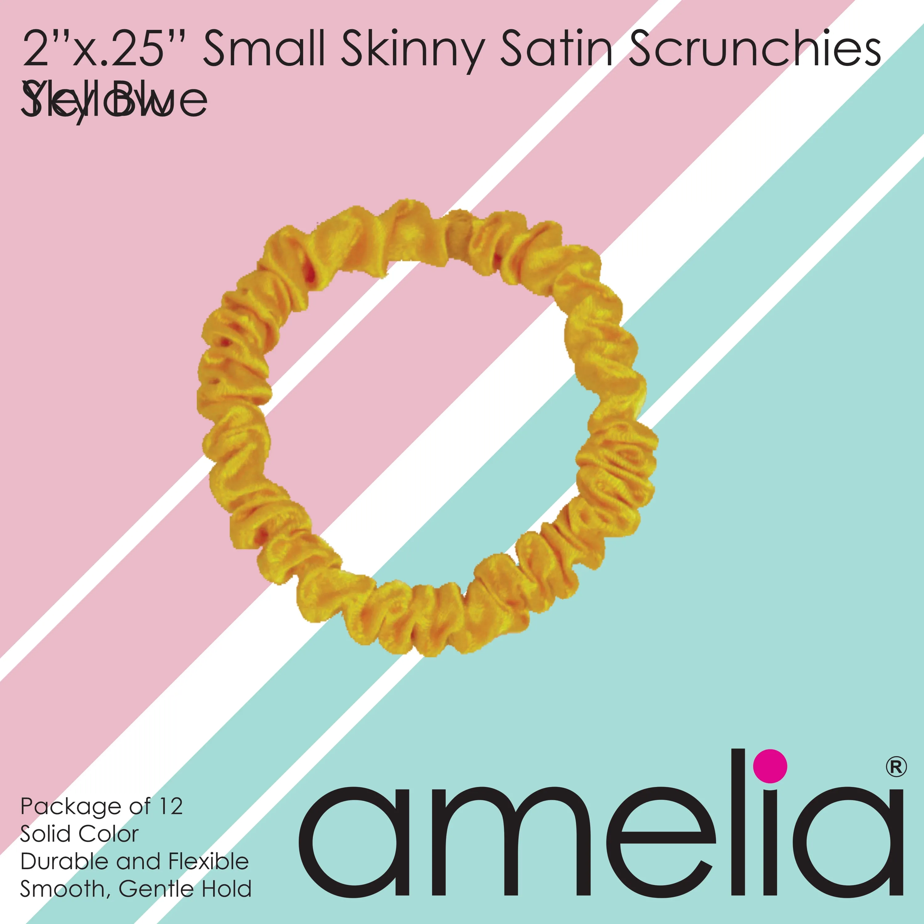 Amelia Beauty, Yellow Skinny Satin Scrunchies, 2in Diameter, Gentle and Strong Hold, No Snag, No Dents or Creases. 12 Pack
