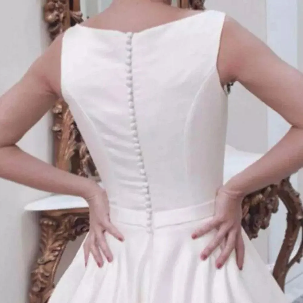 Bateau White Satin Bridal Dresses with Fabric Buttons Back