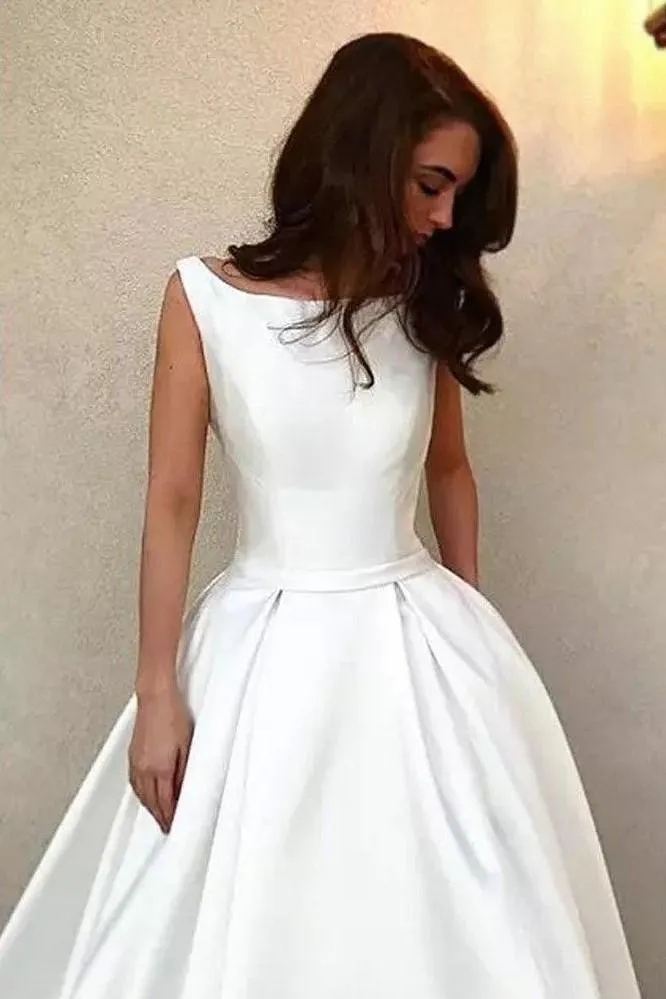 Bateau White Satin Bridal Dresses with Fabric Buttons Back