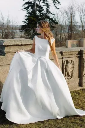 Bateau White Satin Bridal Dresses with Fabric Buttons Back