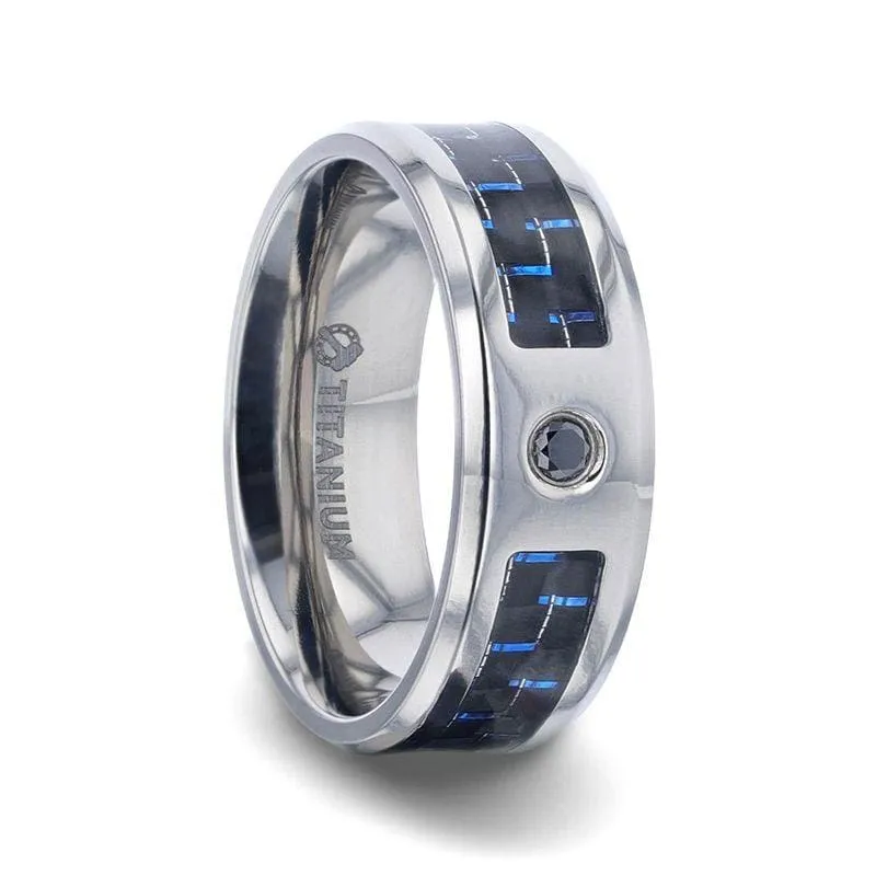 BERLIN Black And Blue Carbon Fiber Titanium Ring Black Sapphire Center Stone