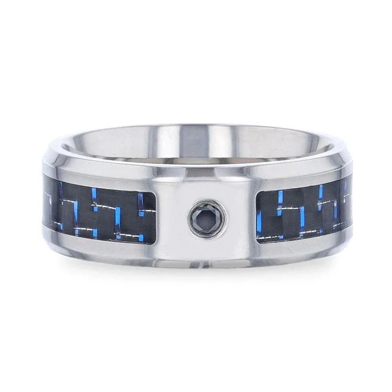 BERLIN Black And Blue Carbon Fiber Titanium Ring Black Sapphire Center Stone