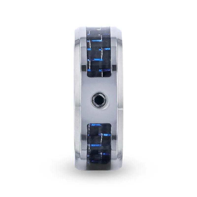 BERLIN Black And Blue Carbon Fiber Titanium Ring Black Sapphire Center Stone