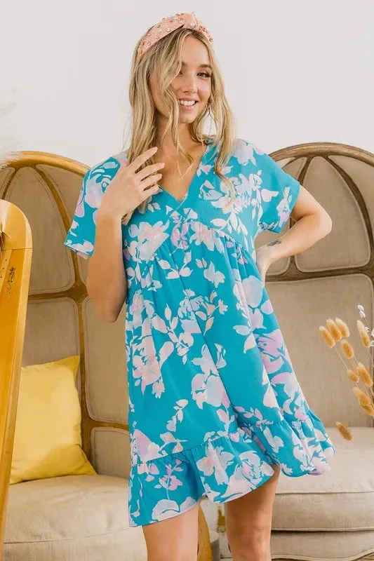 BiBi Floral Crinkle Shirred Ruffle Detail V Neck Dress