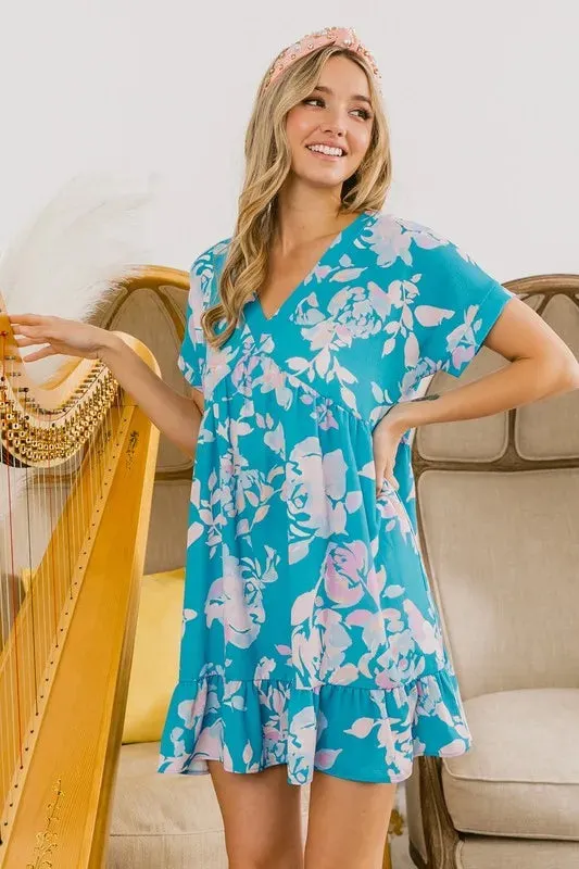 BiBi Floral Crinkle Shirred Ruffle Detail V Neck Dress