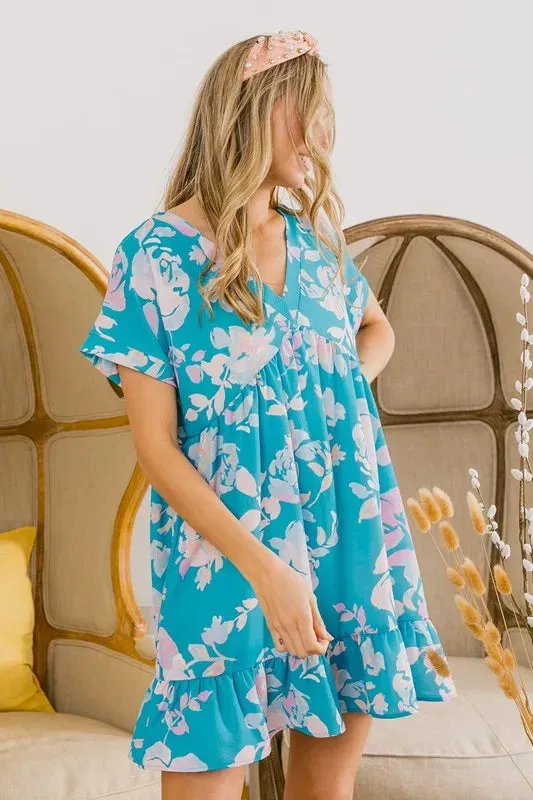 BiBi Floral Crinkle Shirred Ruffle Detail V Neck Dress