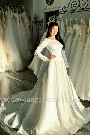 Buttons Sleeve Satin Modest Wedding Gowns with Boat Neck