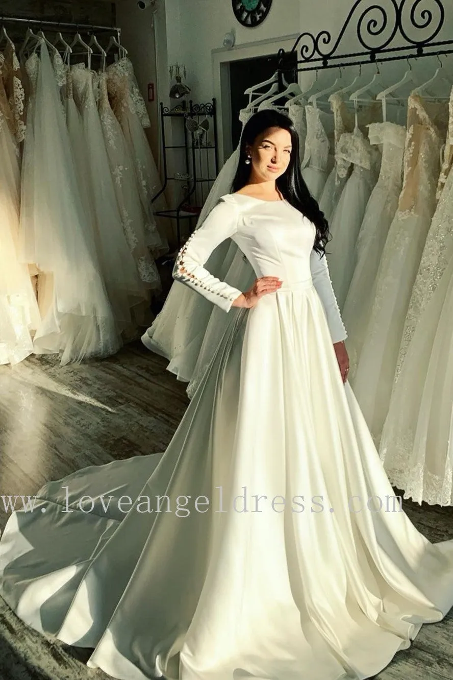Buttons Sleeve Satin Modest Wedding Gowns with Boat Neck