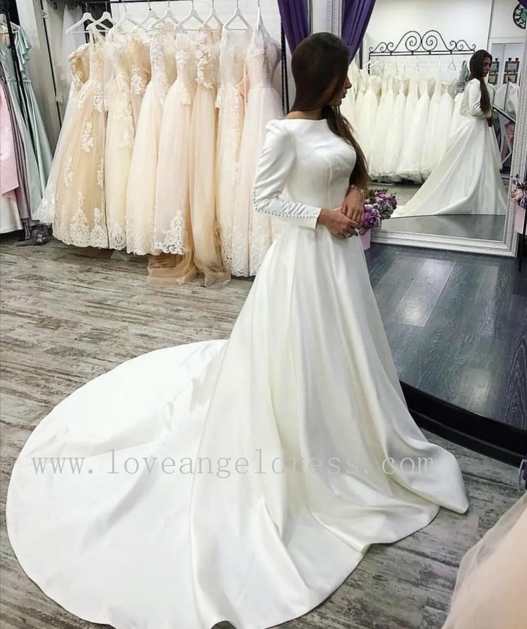 Buttons Sleeve Satin Modest Wedding Gowns with Boat Neck