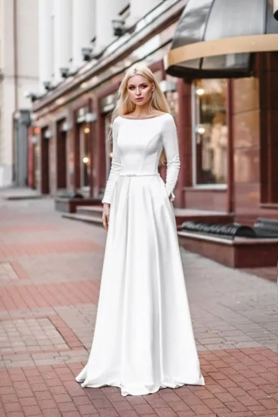 Chic Satin Long Sleeves Bride Dresses with Pockets