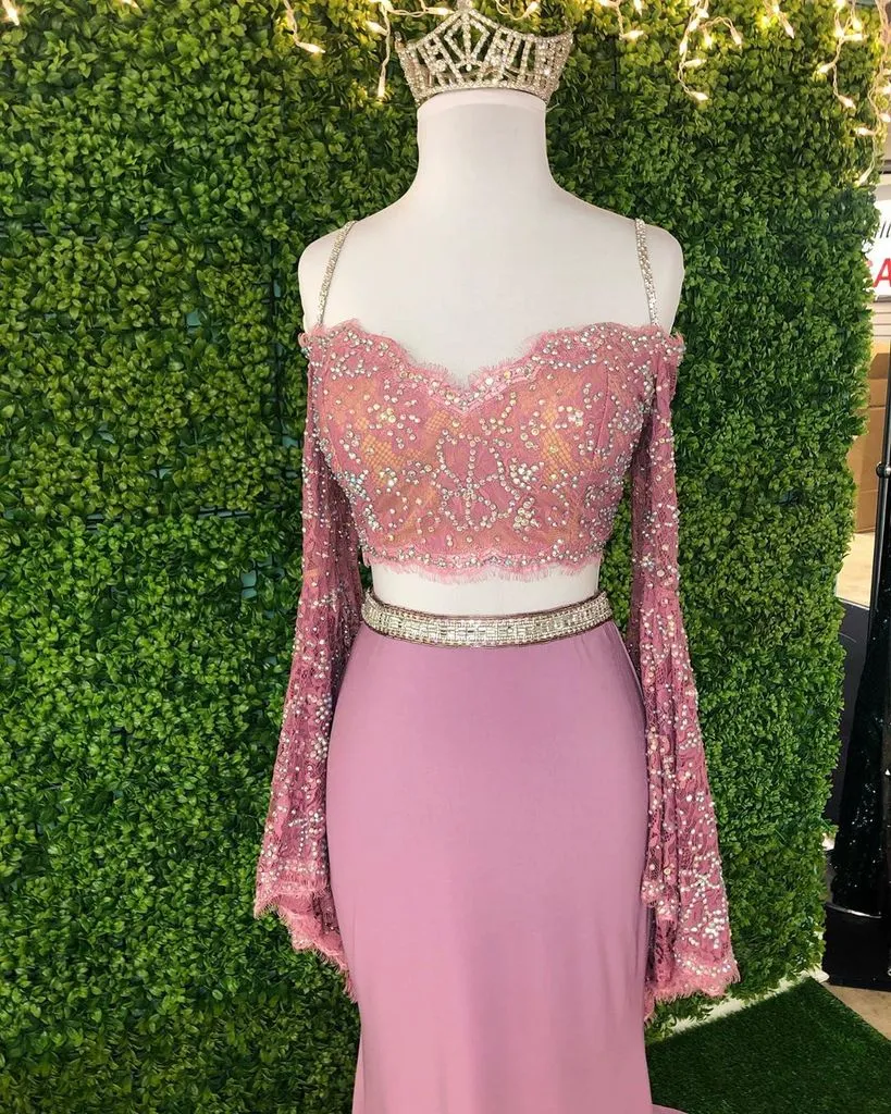 Chic Sheath Spaghetti Straps Pink Long Sleeves Prom Dress Evening Dress OKT1
