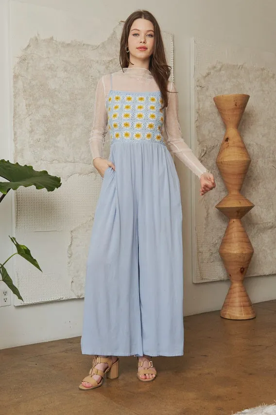 Daisy Crochet Bodice w/Smocking Back Strappy Jumpsuit