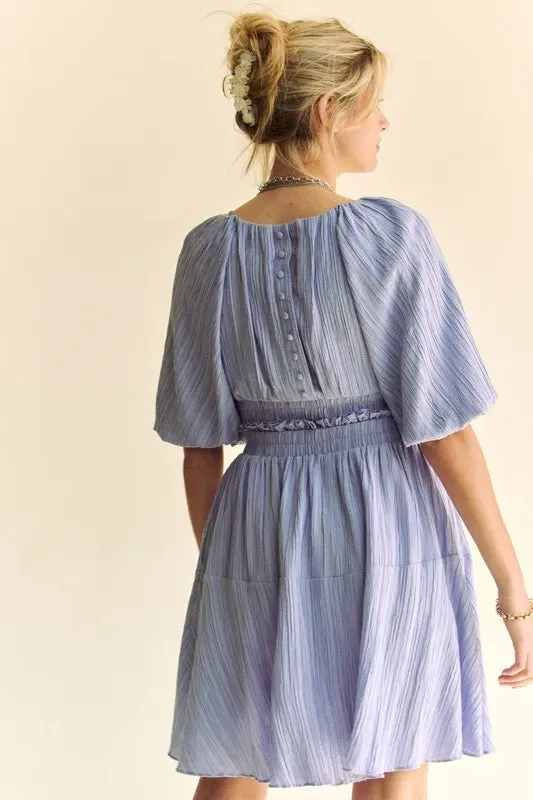 Davi & Dani Back Button Puff Sleeve Mini Dress