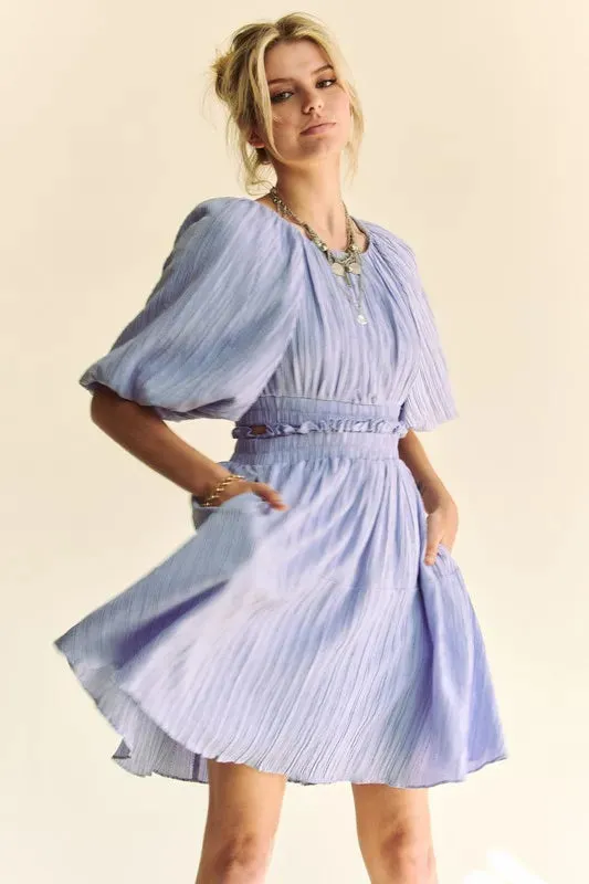 Davi & Dani Back Button Puff Sleeve Mini Dress