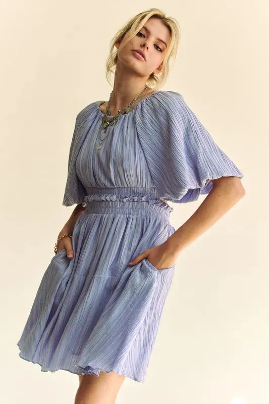 Davi & Dani Back Button Puff Sleeve Mini Dress