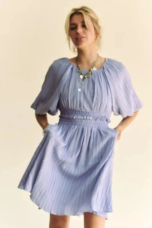 Davi & Dani Back Button Puff Sleeve Mini Dress