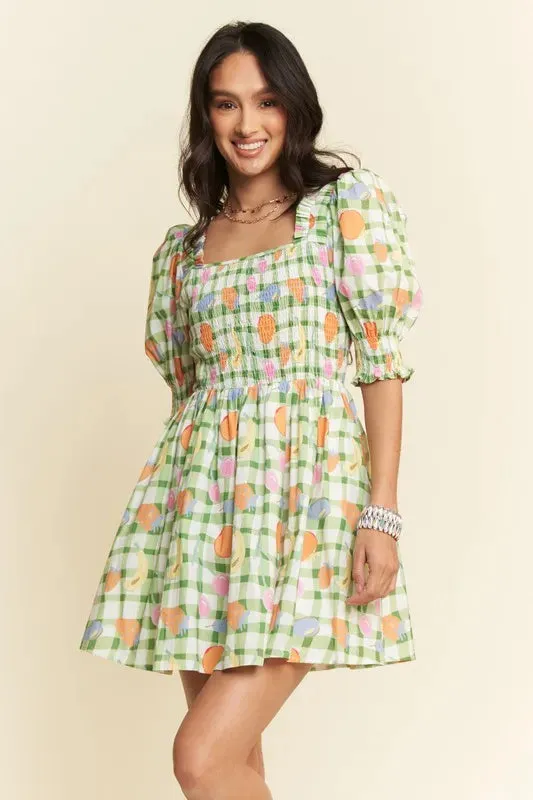 Davi & Dani Fruits Printed Smocking Mini Dress