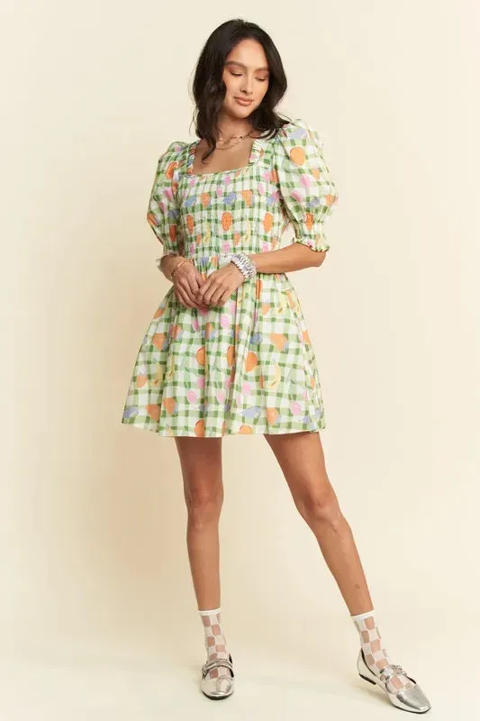 Davi & Dani Fruits Printed Smocking Mini Dress